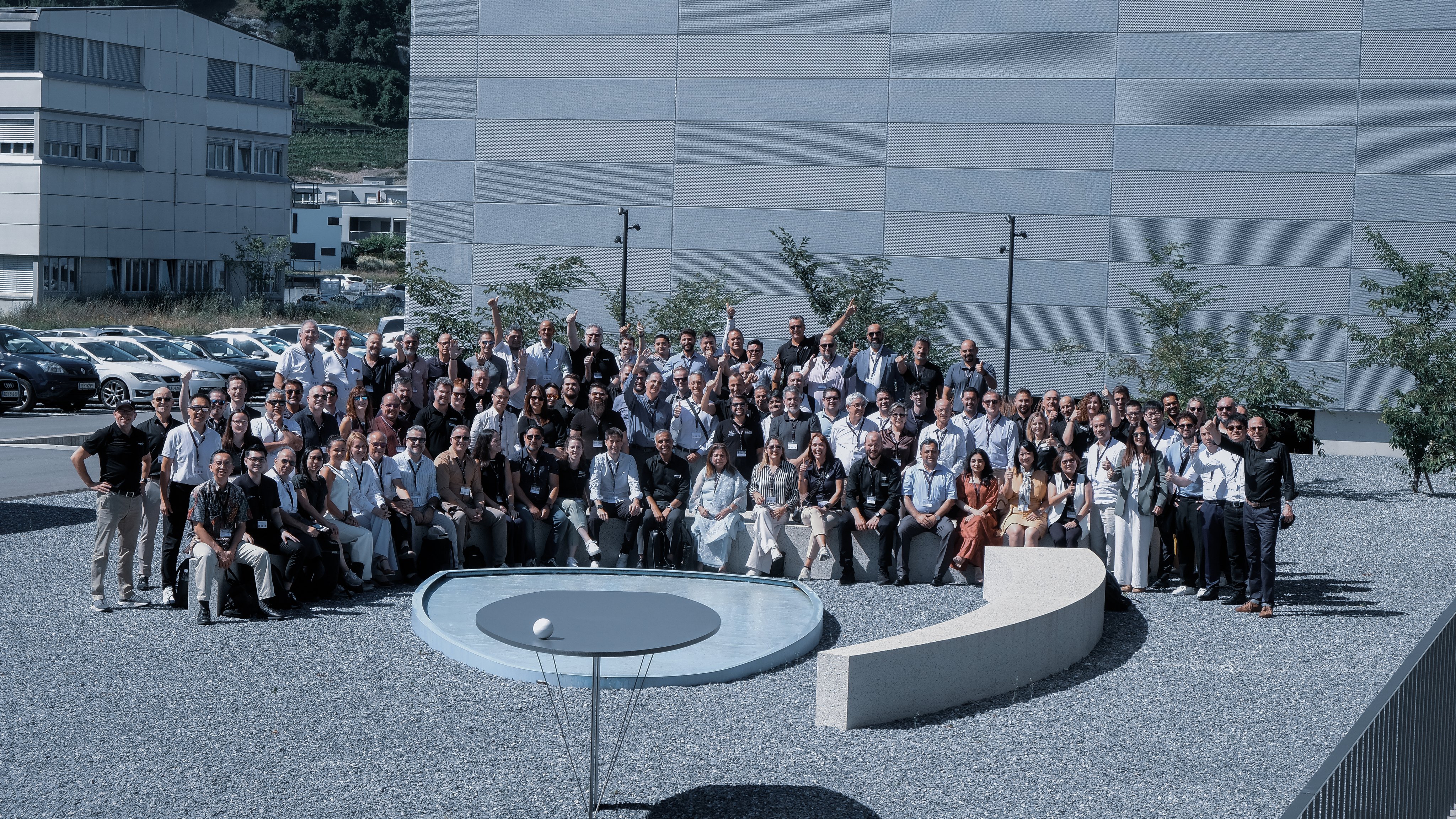 Group photo of participants at the Oertli Agents Meeting 2025 outside the company building