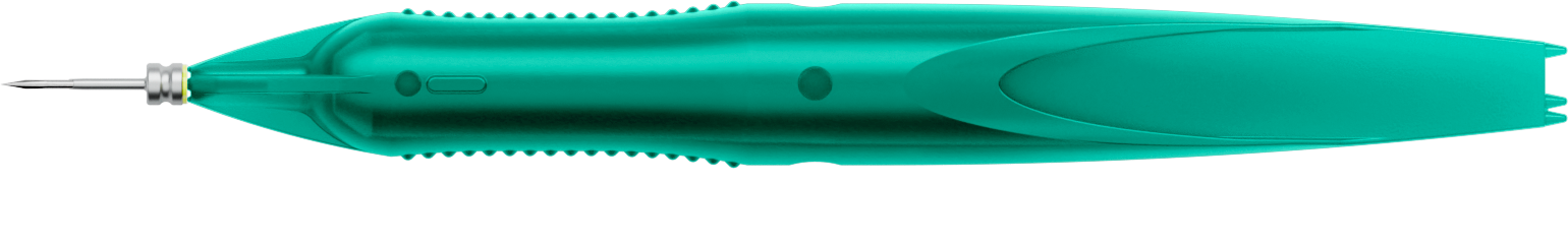 25G trocar with integrated incision knife and green ergonomic handle from the Caliburn Trocar System
