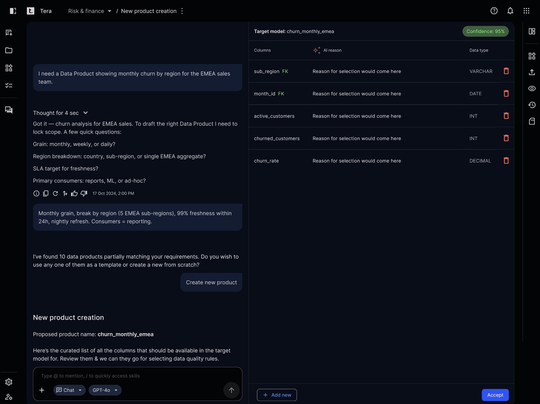 Tera AI agent chat screen