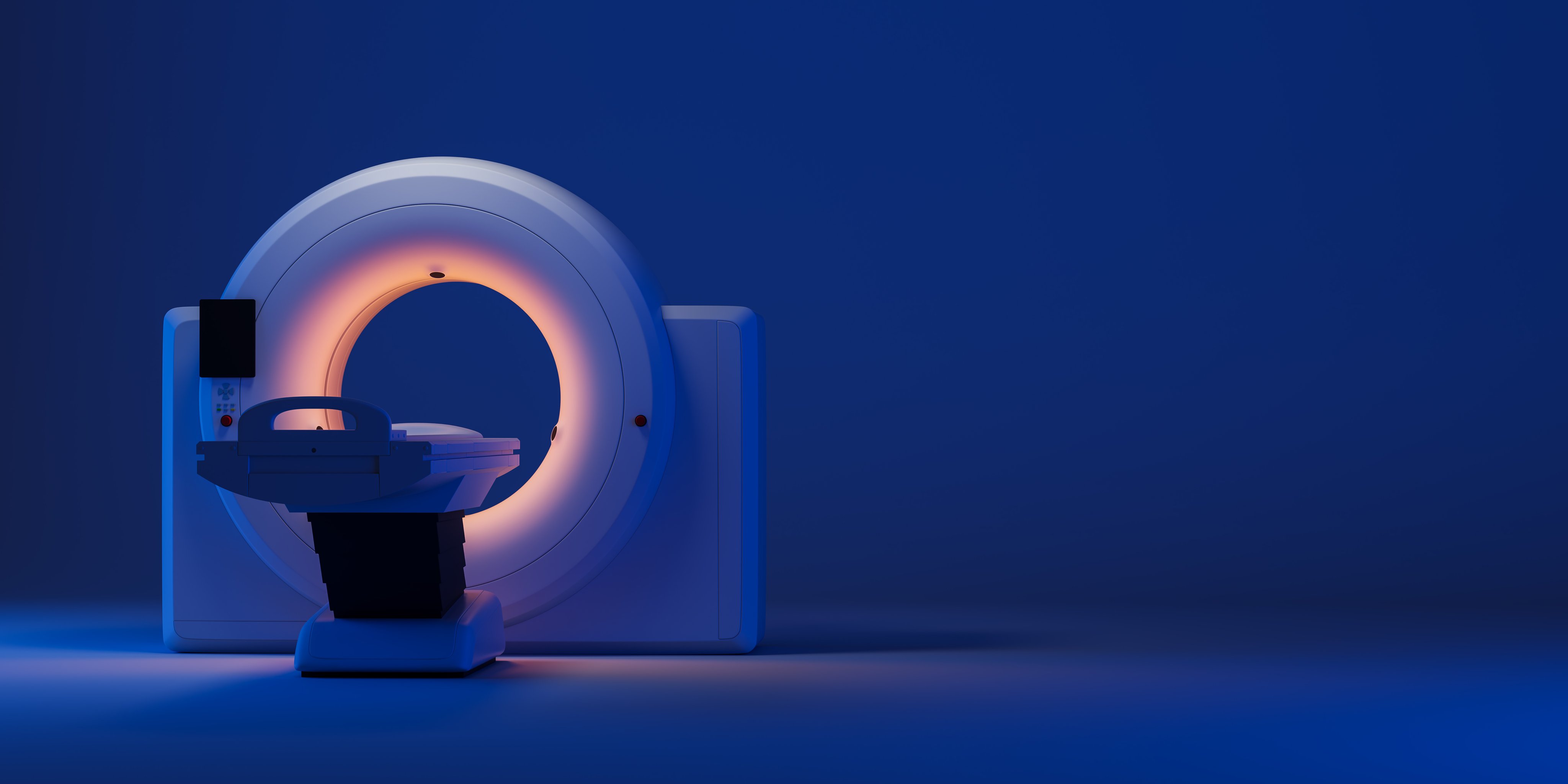 MRI machine with glowing orange ring in a dark blue room, 3D Rendering, futuristic healthcare technology equipment on minimalistic background, concept of medical imaging