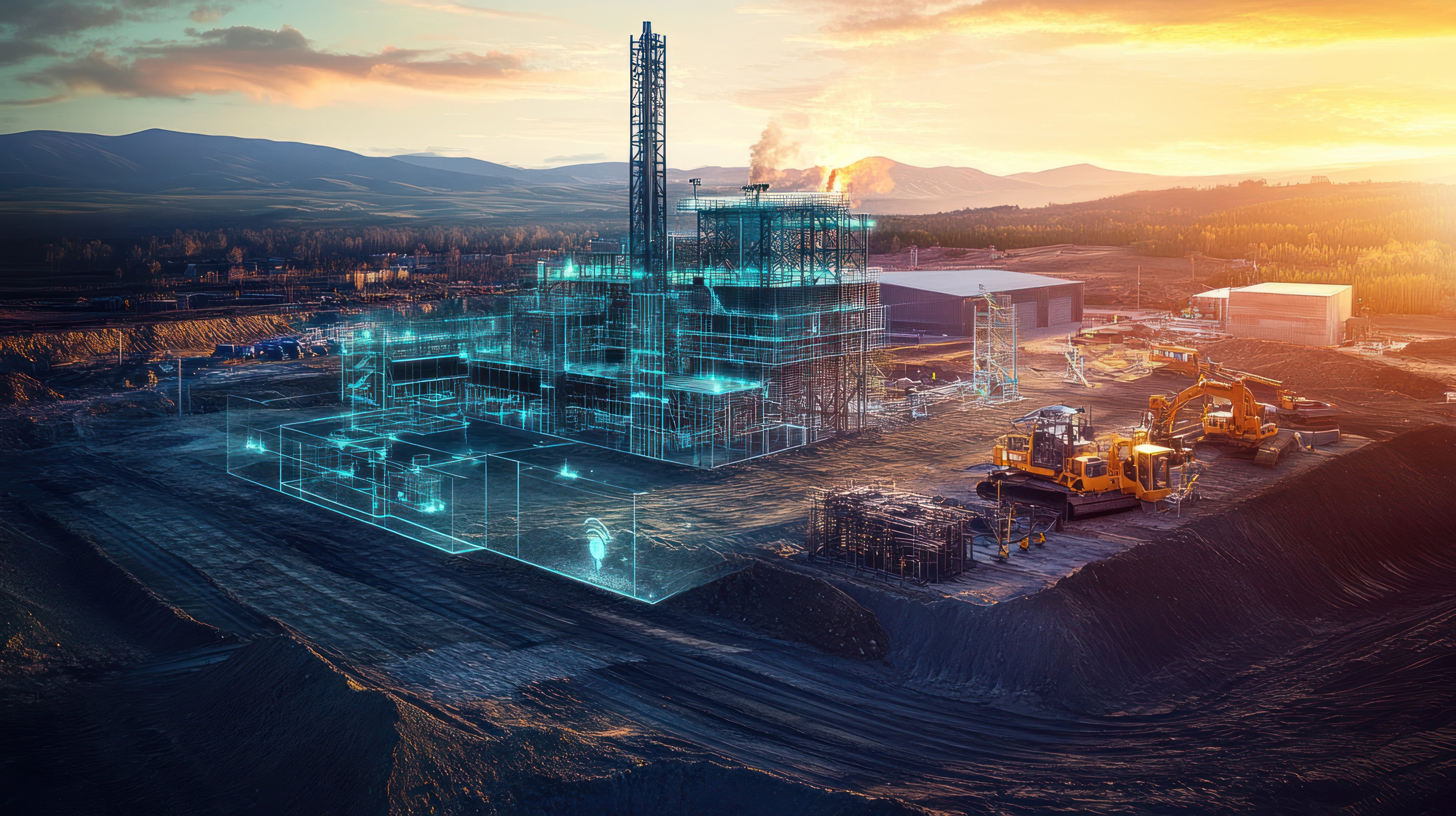 Aerial view of a digital twin overlaying a construction site of an industrial plant. Shows the futuristic technology used in modern construction.