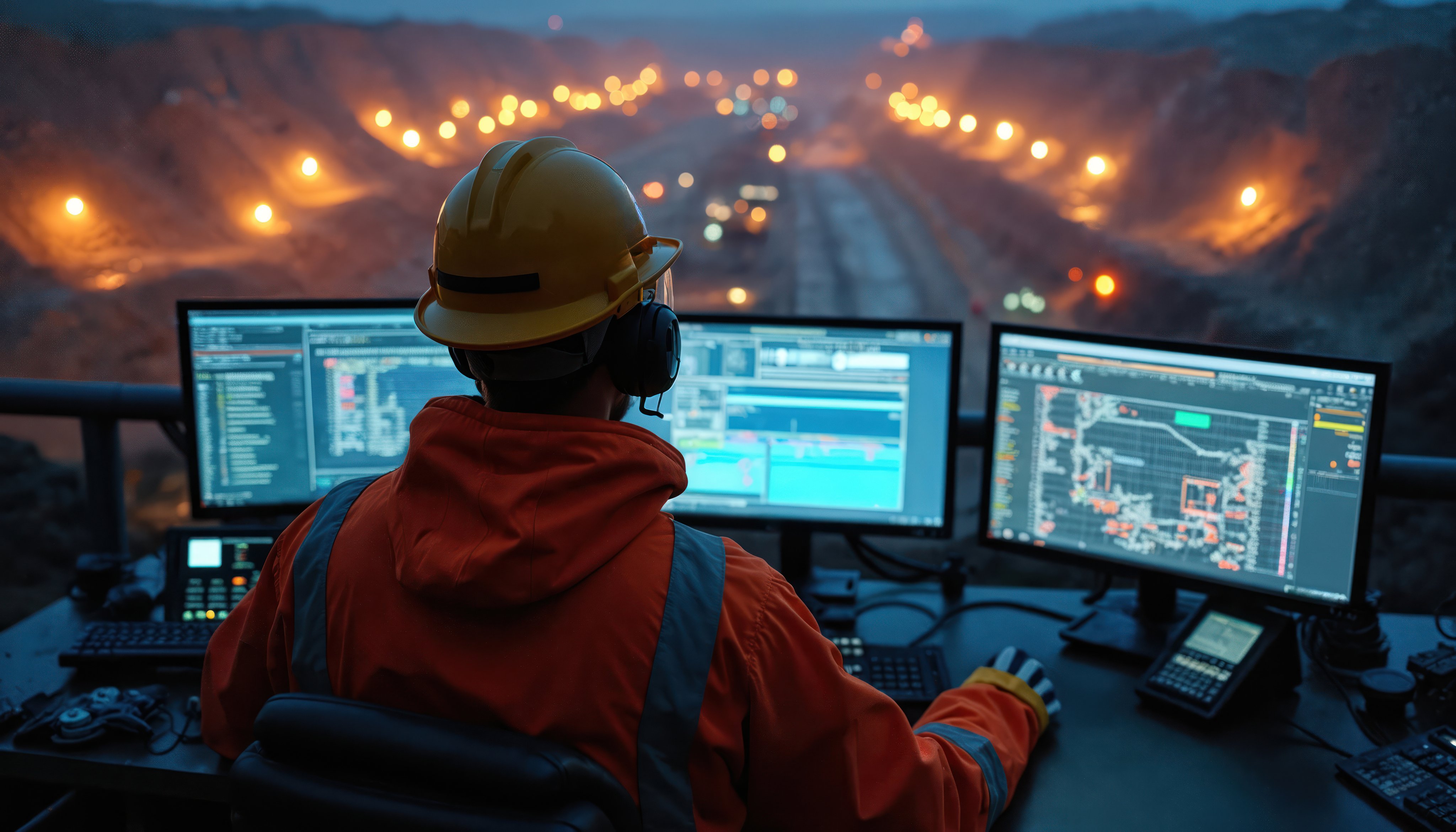 Miner wears hard hat, orange vest. Controls mining ops on computer monitors at quarry edge. Lights glow in dark vast industrial site. Precision tech usage.