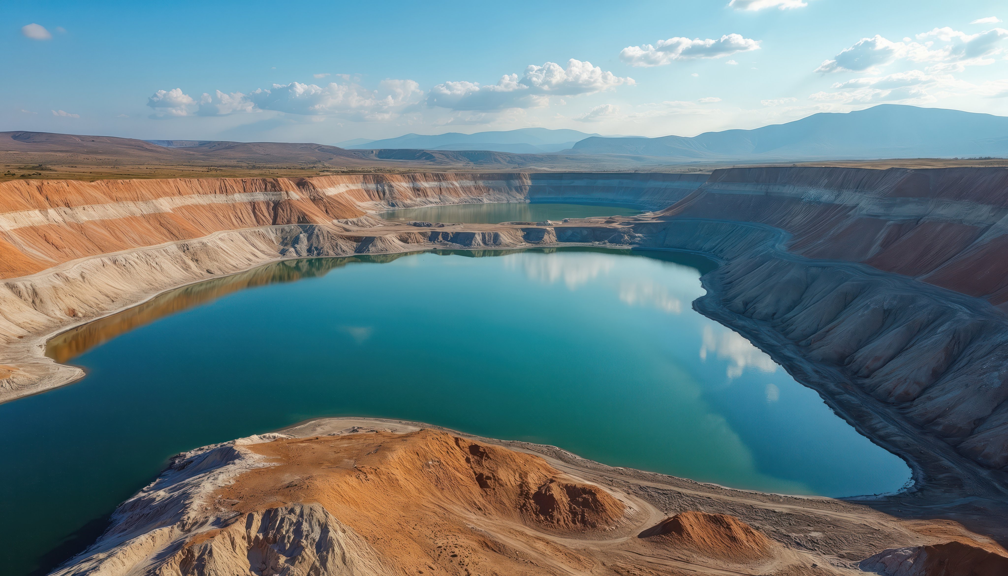 Aerial view of a mining lake with turquoise water. Striated cliffs of brown orange and gray earth surround water. Mountains in background under blue sky with clouds.