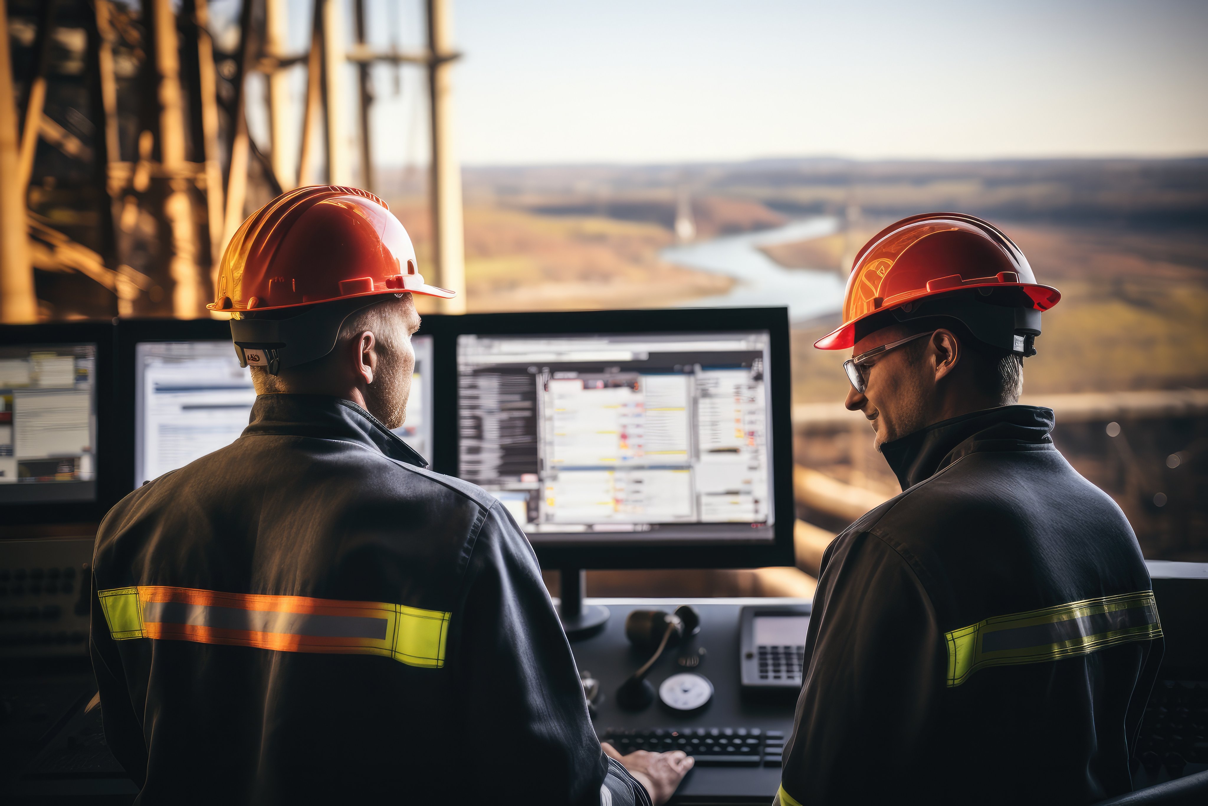 Team of engineers working control room at a mining site.