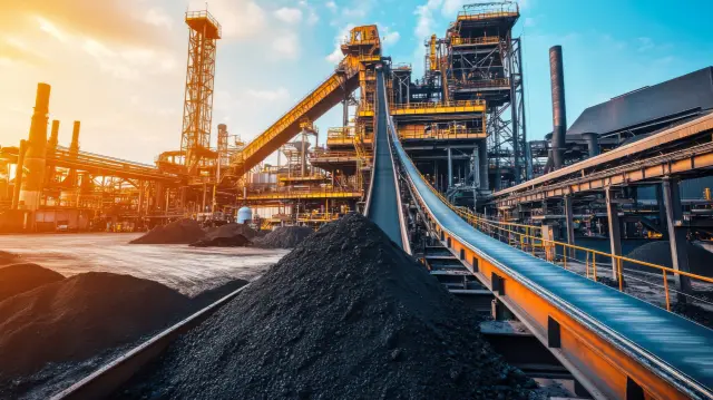 A coal processing facility is busy with conveyor belts transporting coal and other materials. Machinery and structures dominate the landscape under a clear blue sky.