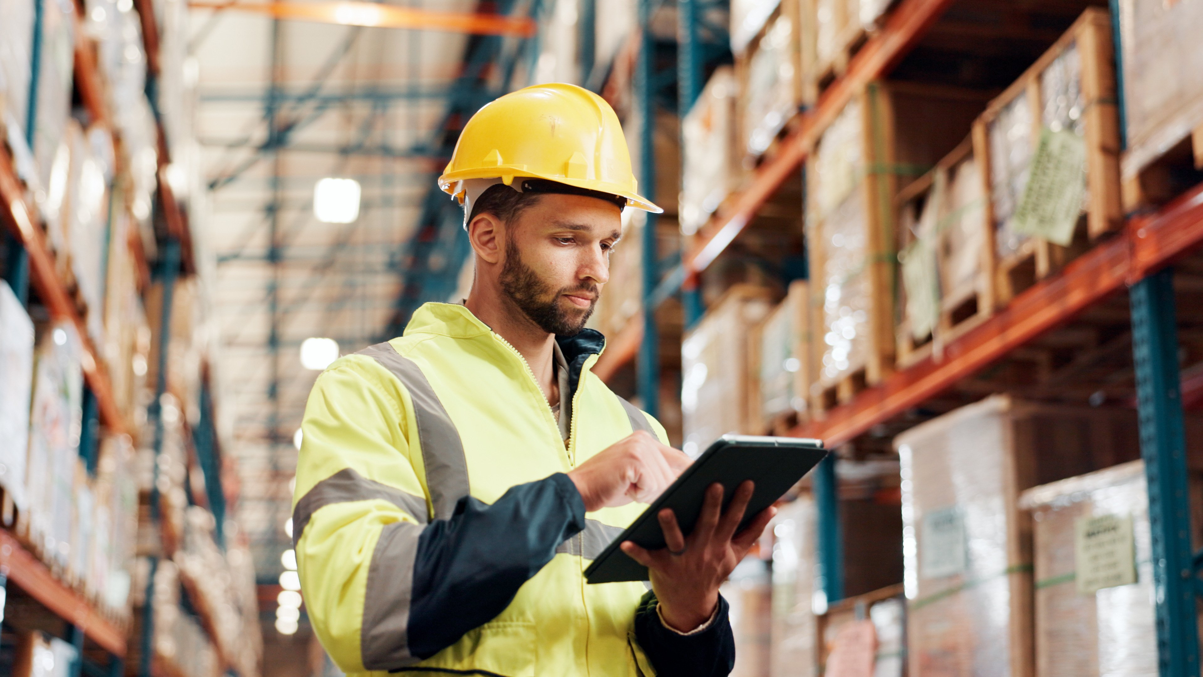 Man, tablet or distribution with inspection at plant, shipping information scroll or schedule for quality control. Logistics, supplier or delivery report on tech for inventory management at warehouse.
