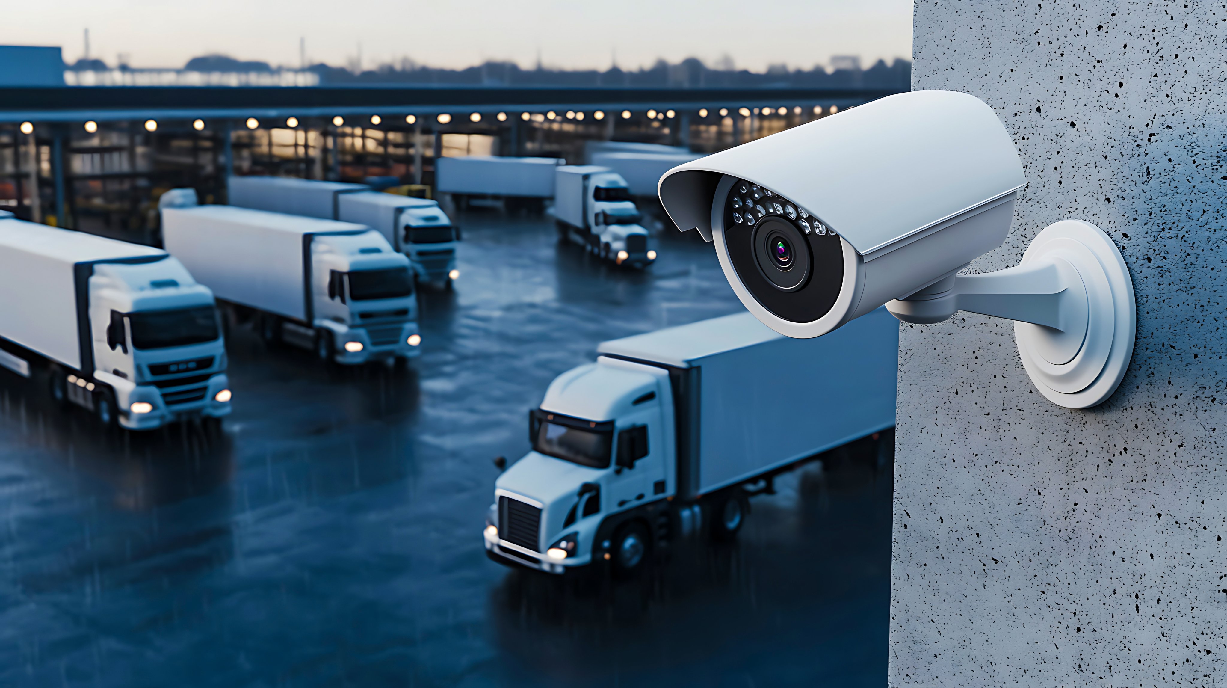 A security camera monitors a truck depot with multiple vehicles under a gray sky. The scene emphasizes safety and logistical oversight with advanced security in place. 