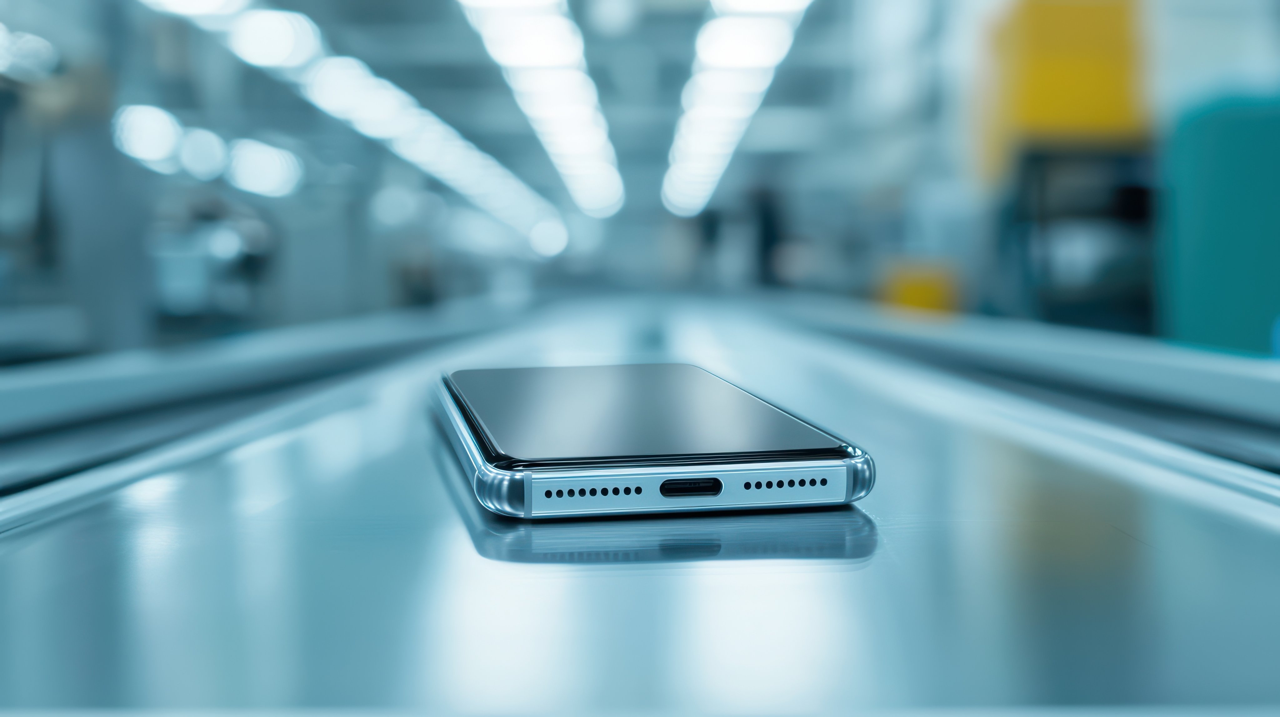 Modern smartphone on a production line in a factory setting