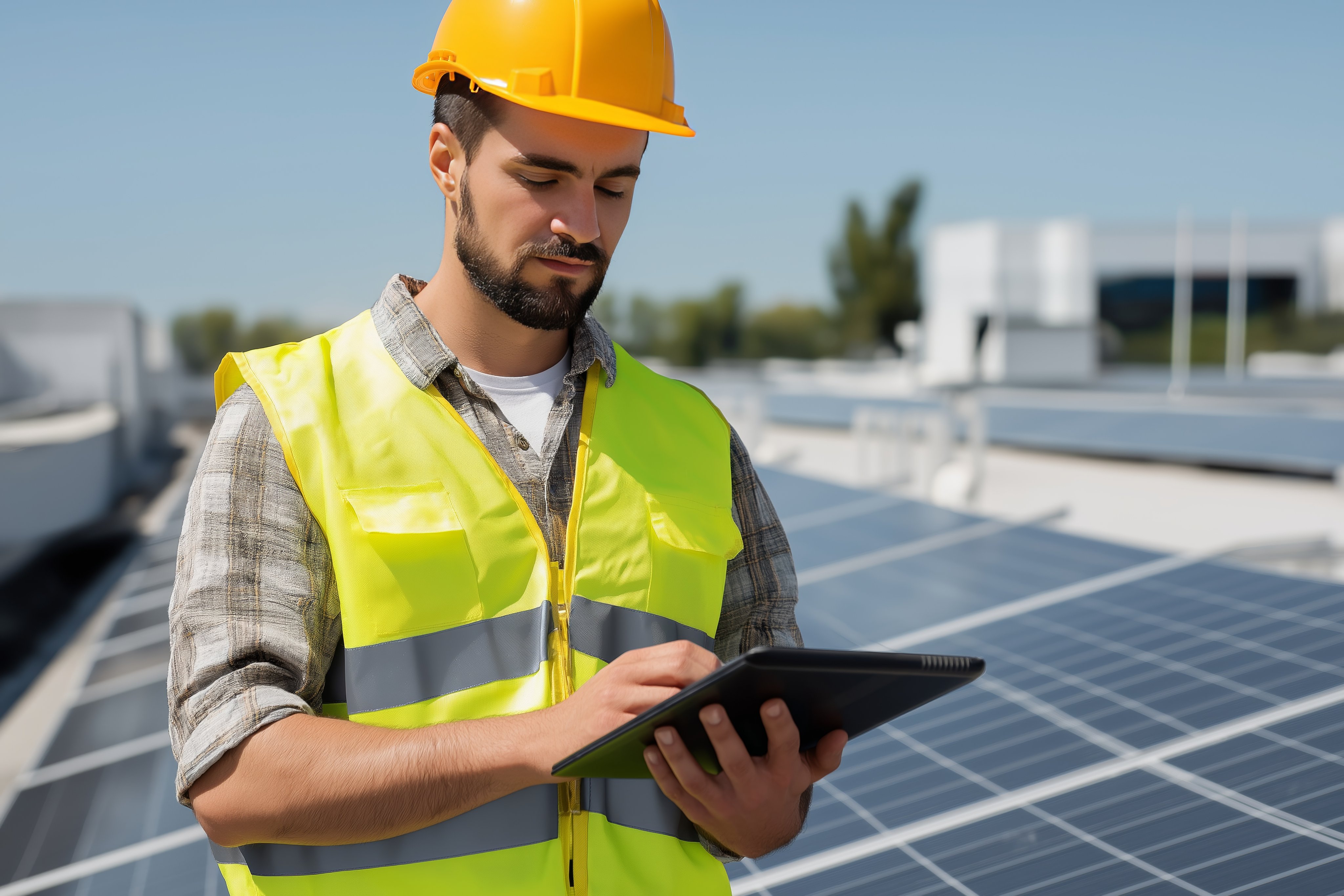 Engineer wearing a hard hat and reflective vest uses a tablet while standing beside solar panels on a sunny day.