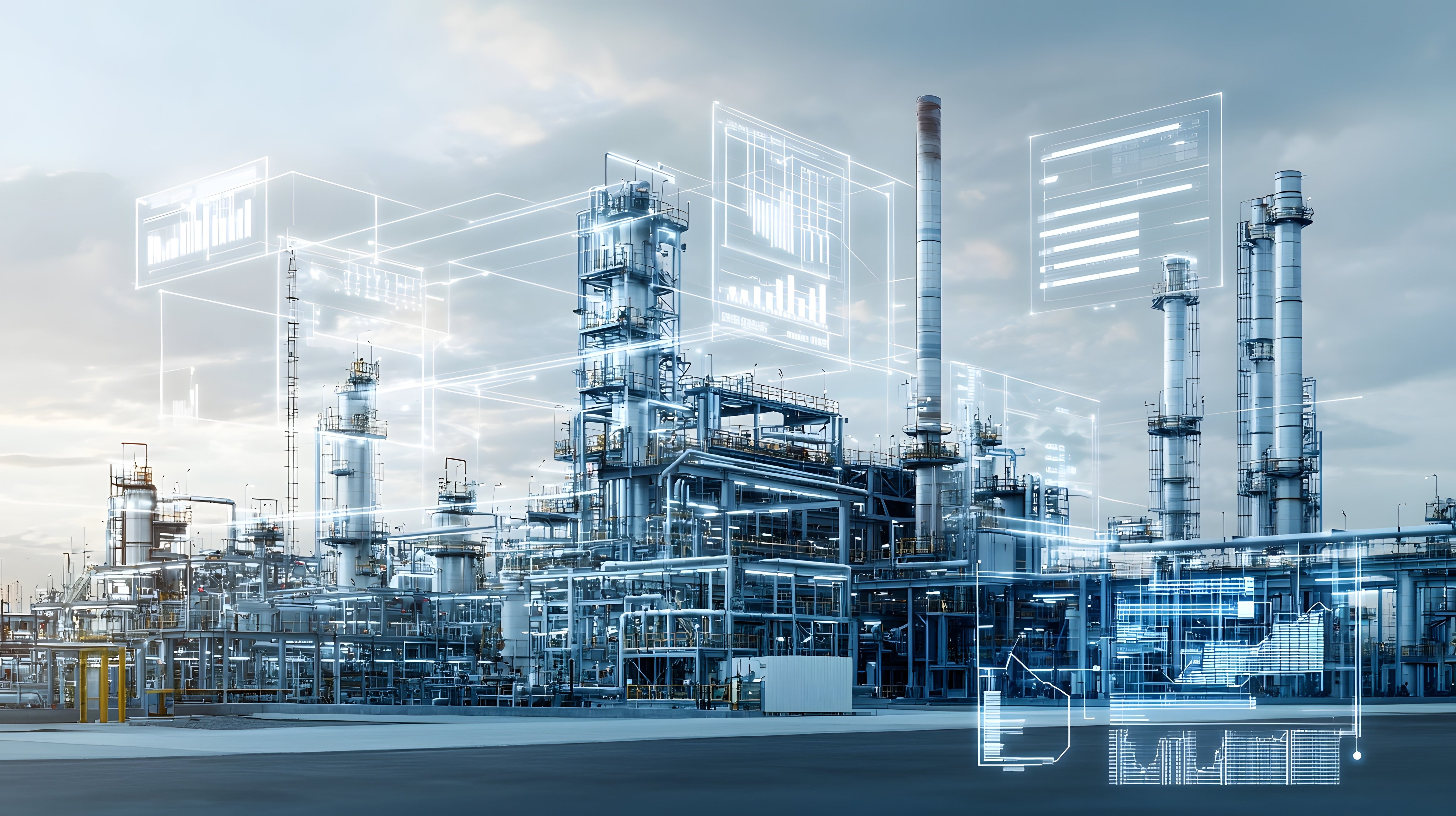 A modern highly automated industrial plant with a digital twin system that integrates real time data feeds to optimize production efficiency and environmental monitoring