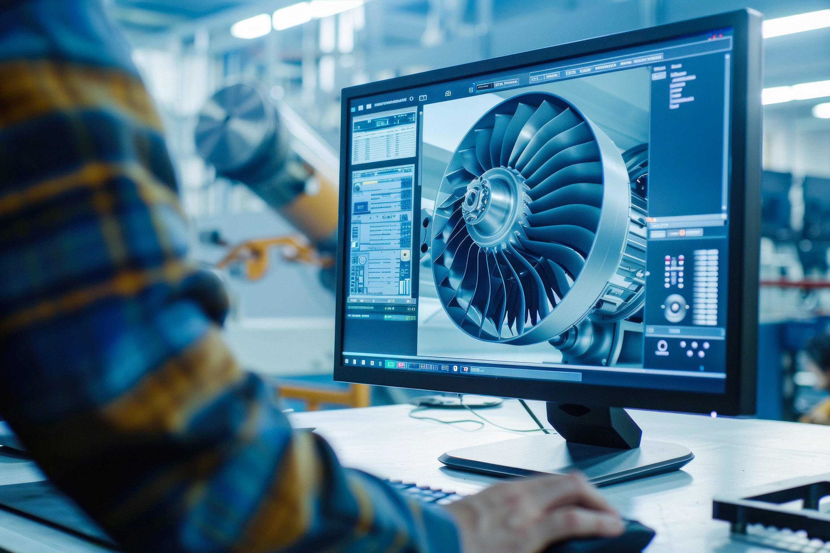 An engineer is working on a detailed 3D model of a turbine engine displayed on a computer screen in a high-tech workspace, emphasizing precision and innovation.