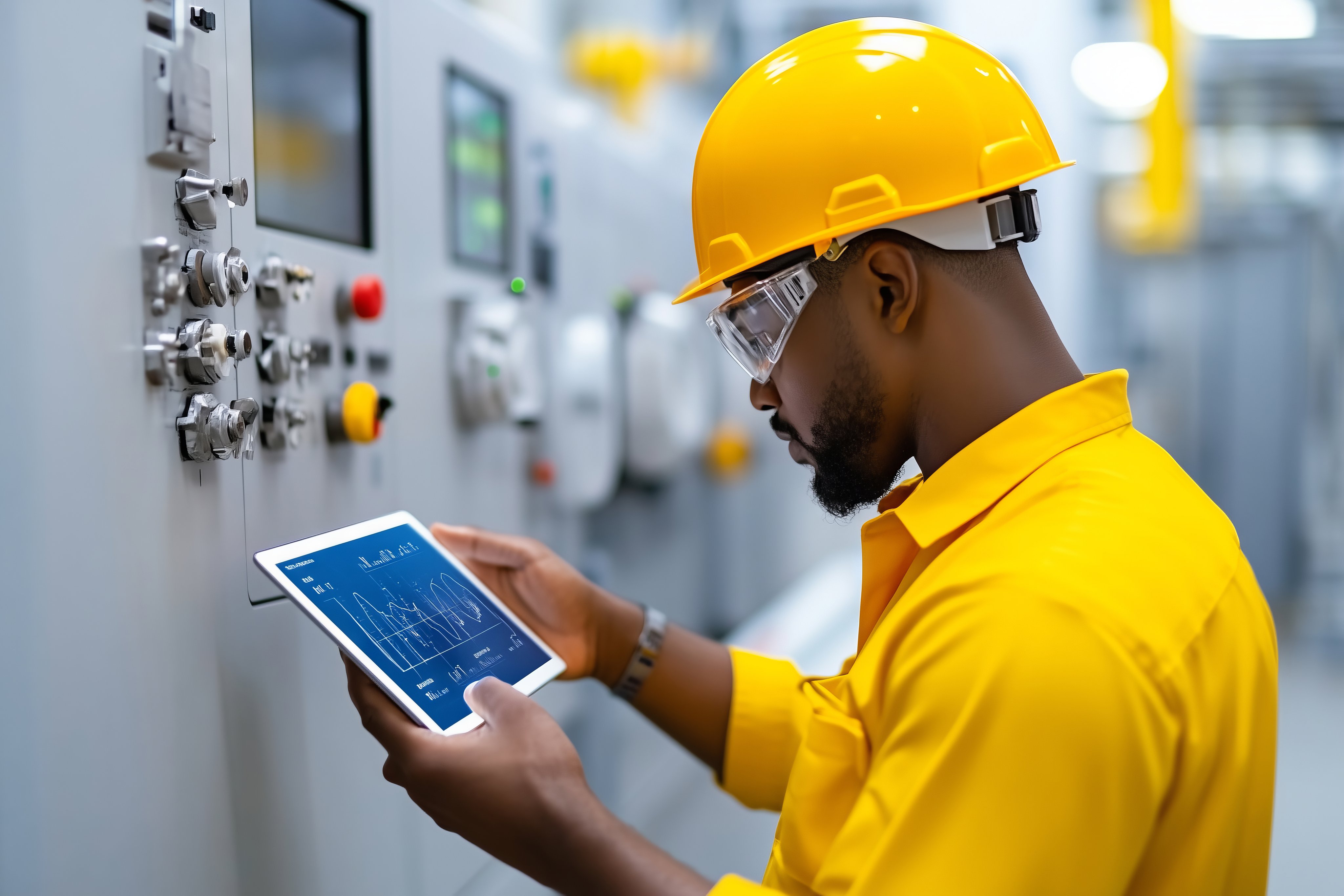 A factory manager analyzes production output using a tablet while standing by machinery. Wearing protective gear, he monitors efficiency and performance in a bustling industrial environment.