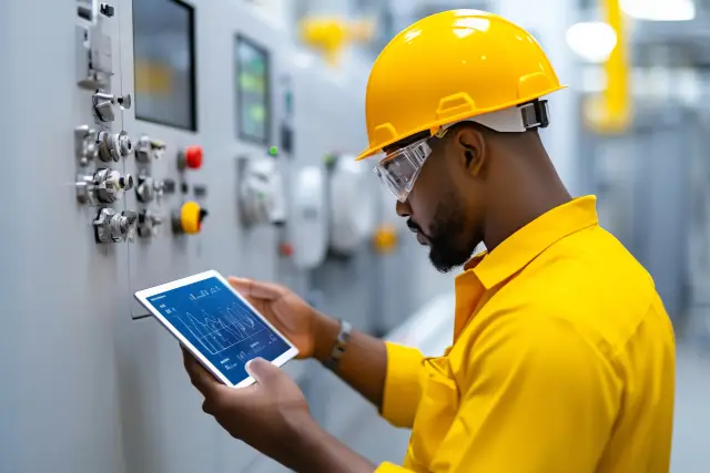 A factory manager analyzes production output using a tablet while standing by machinery. Wearing protective gear, he monitors efficiency and performance in a bustling industrial environment.