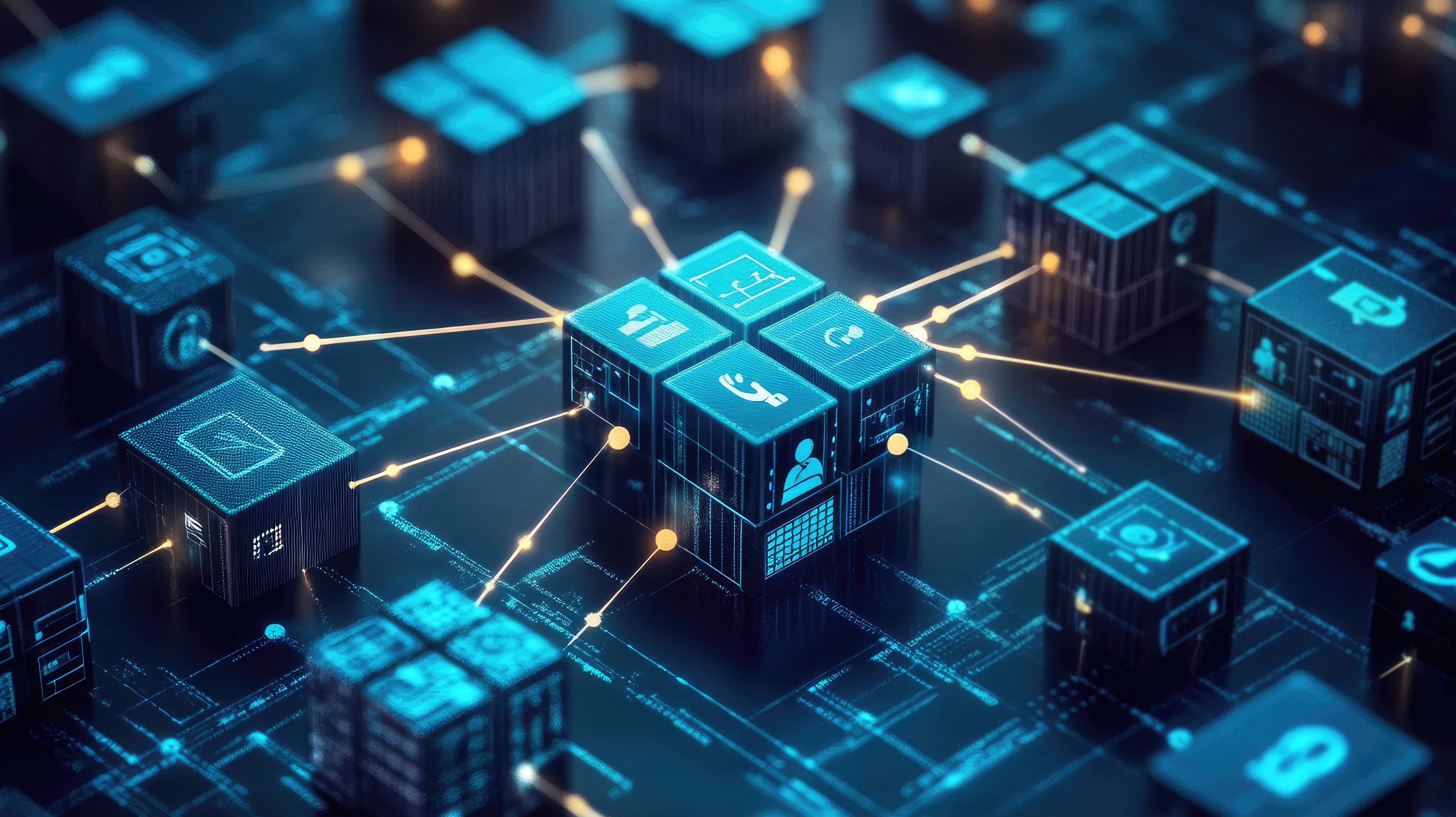 Connected digital cubes, intricate network, futuristic technology