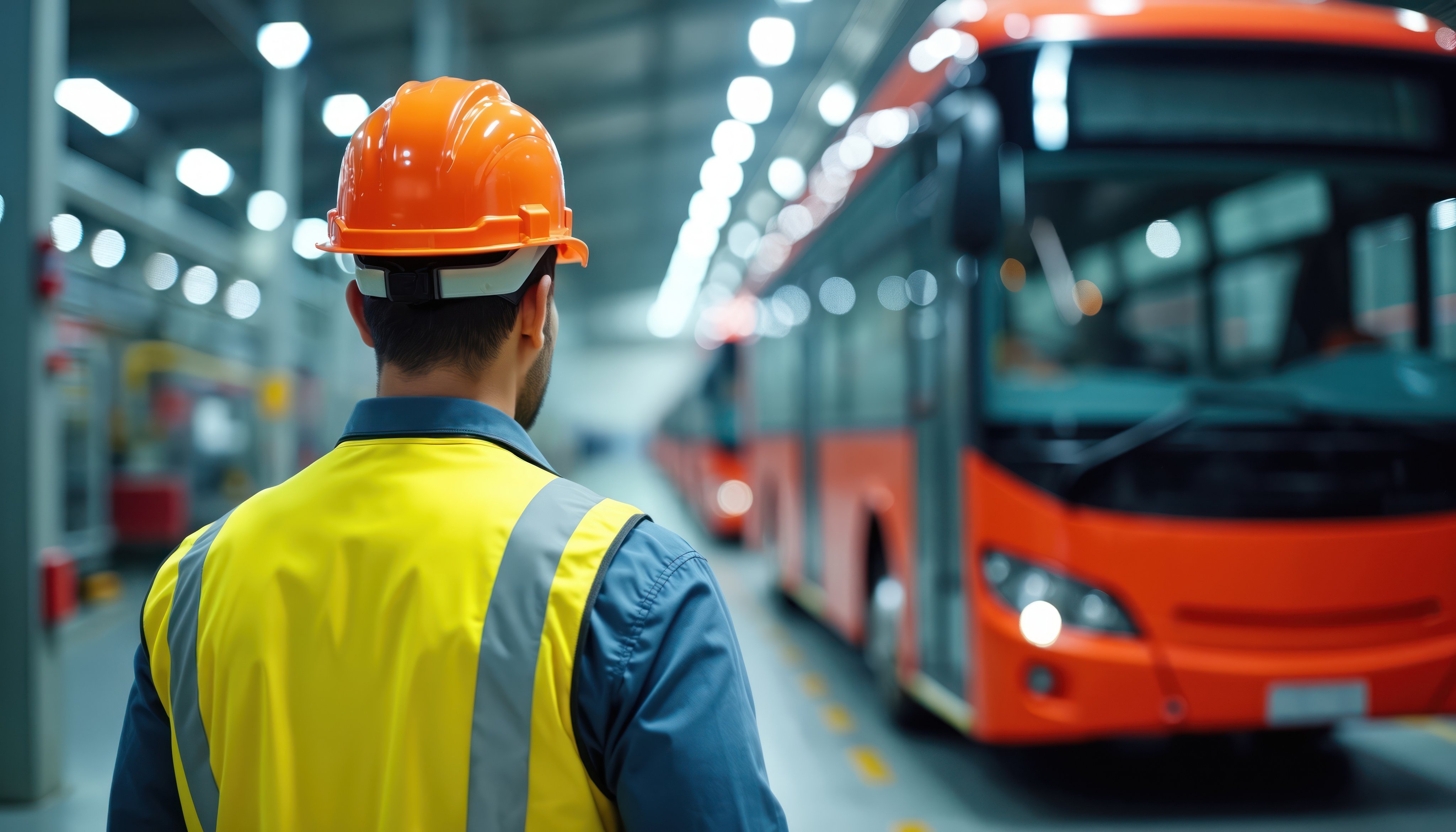 Construction worker in orange helmet, yellow safety vest inspects modern bus inside large workshop. Professional labor man checks vehicle maintenance. Factory environment with machinery efficient