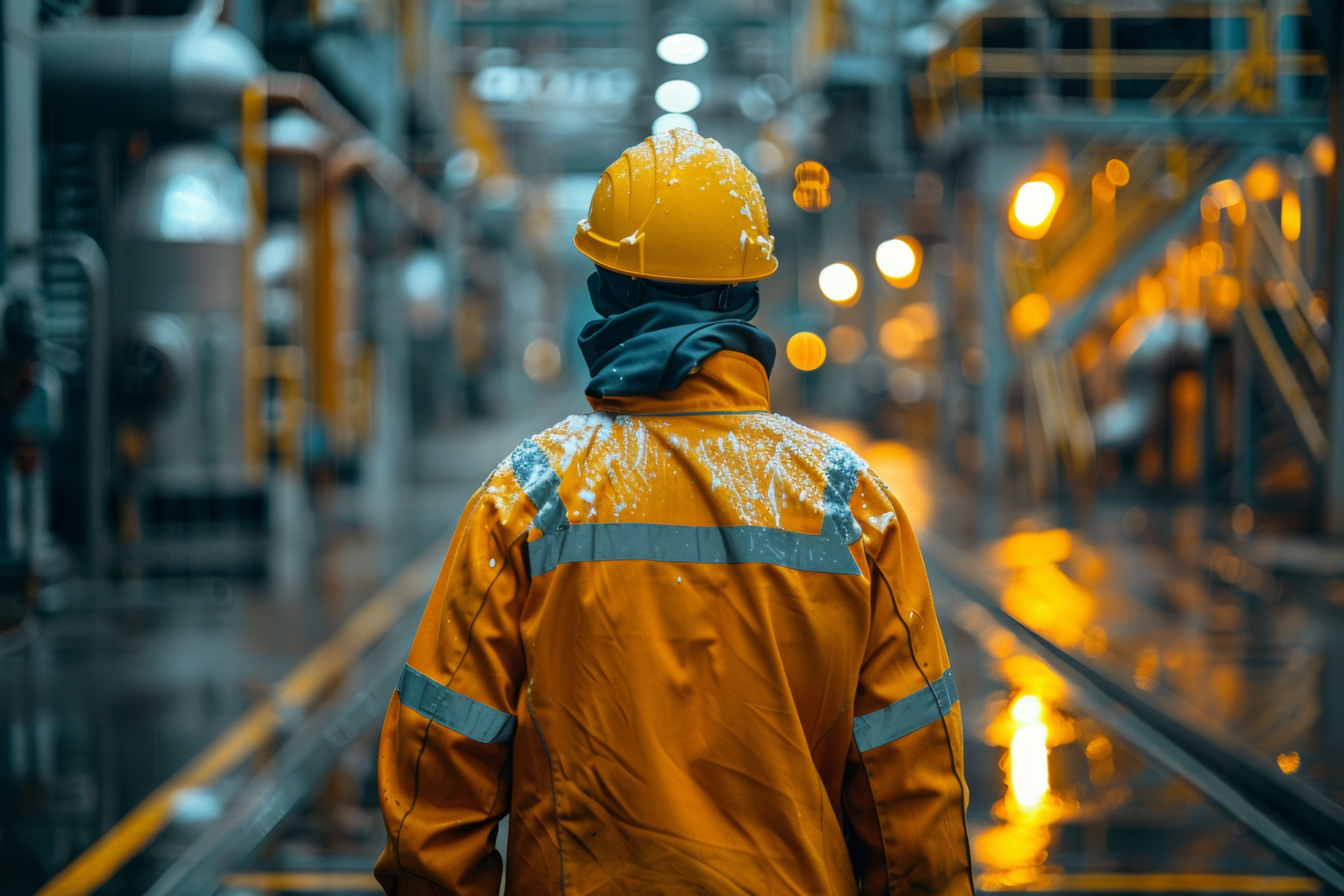 A man in a yellow jacket is walking in a wet industrial area
