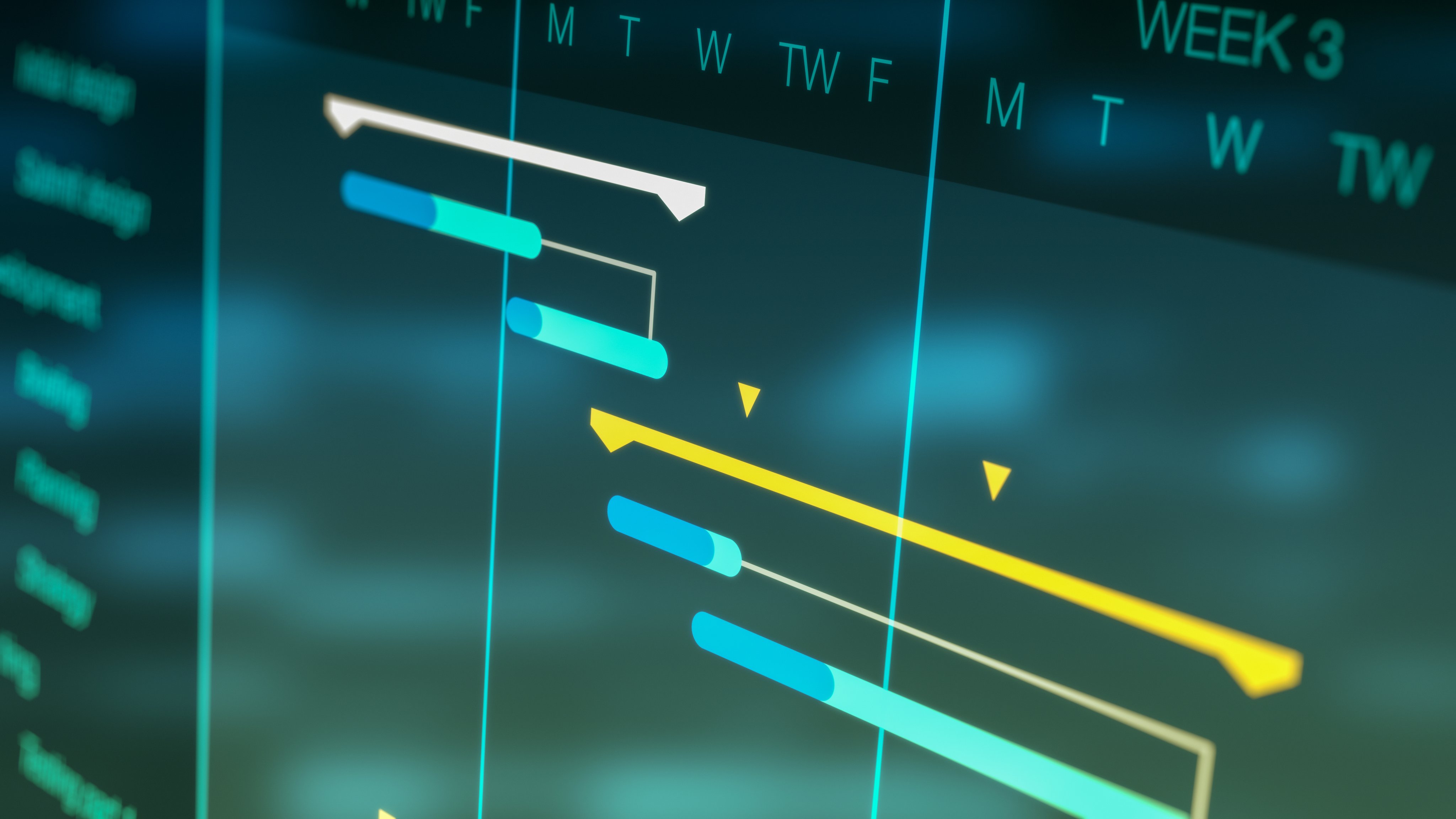 project management software, futuristic interface, gantt chart, concept of project planning, flashing lights on backgrounds (3d render)