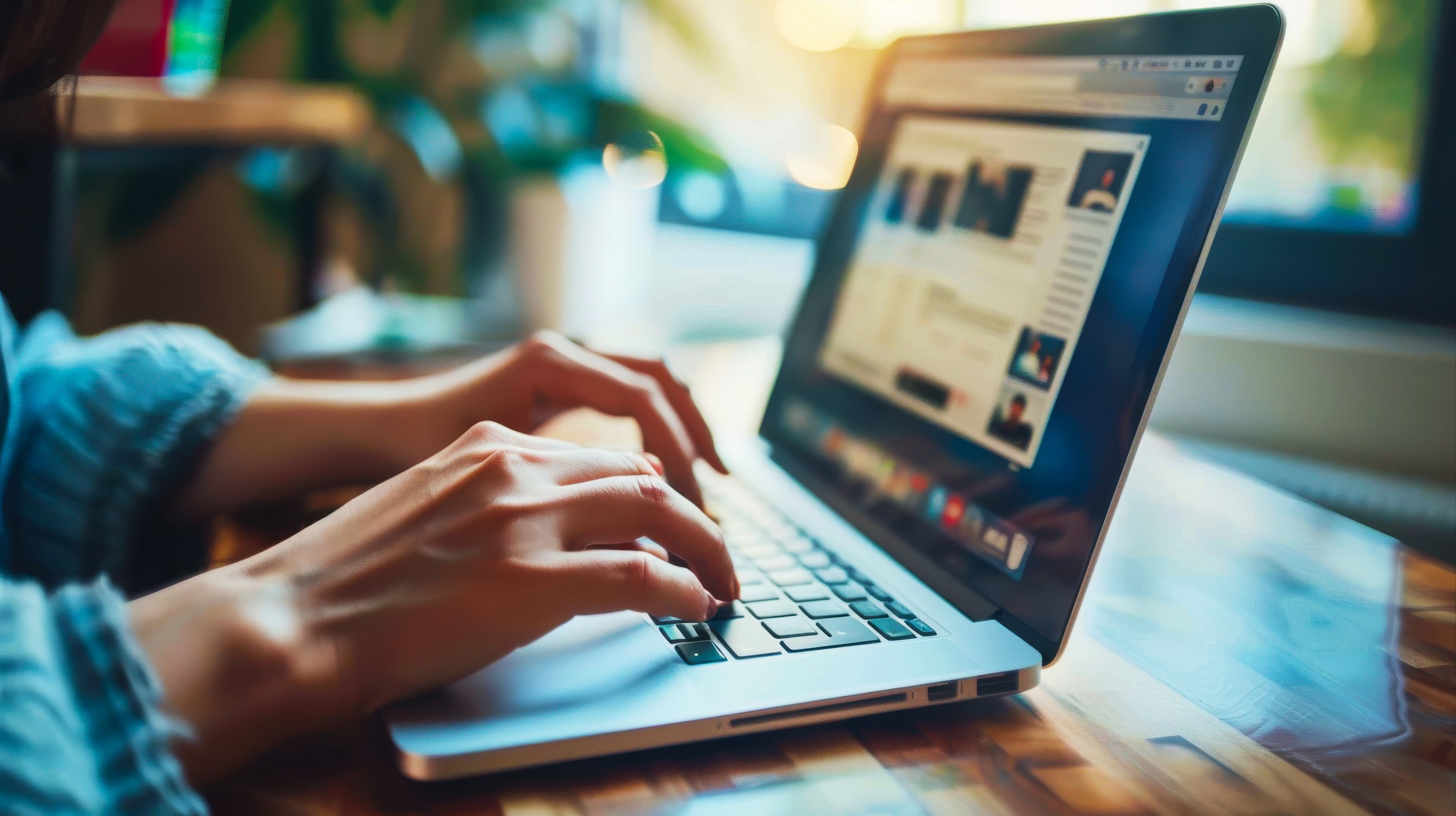 social media online content, freelance worker, working online, content creator, woman using laptop, man reading blog online on computer --ar 16:9 Job ID: c826cccc-e752-44a6-ba15-527ca26a4be3