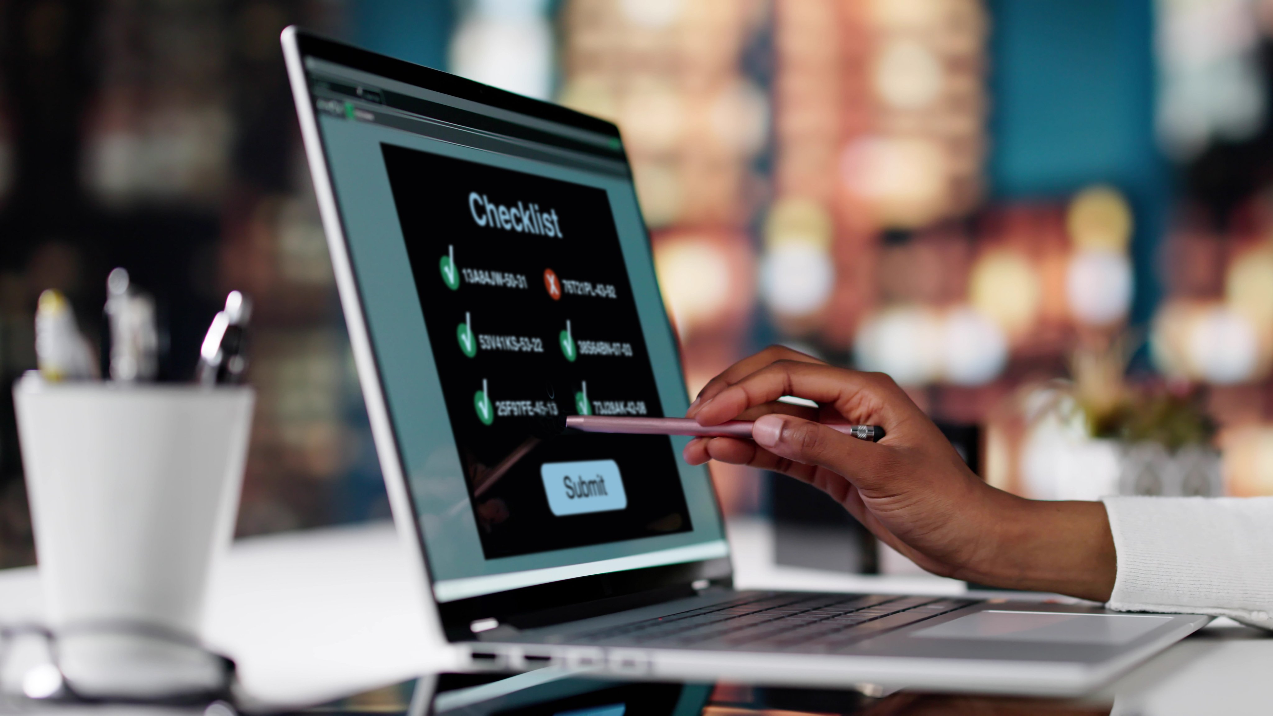 Top Analyst Filling Employee Survey Form On Laptop Computer Online