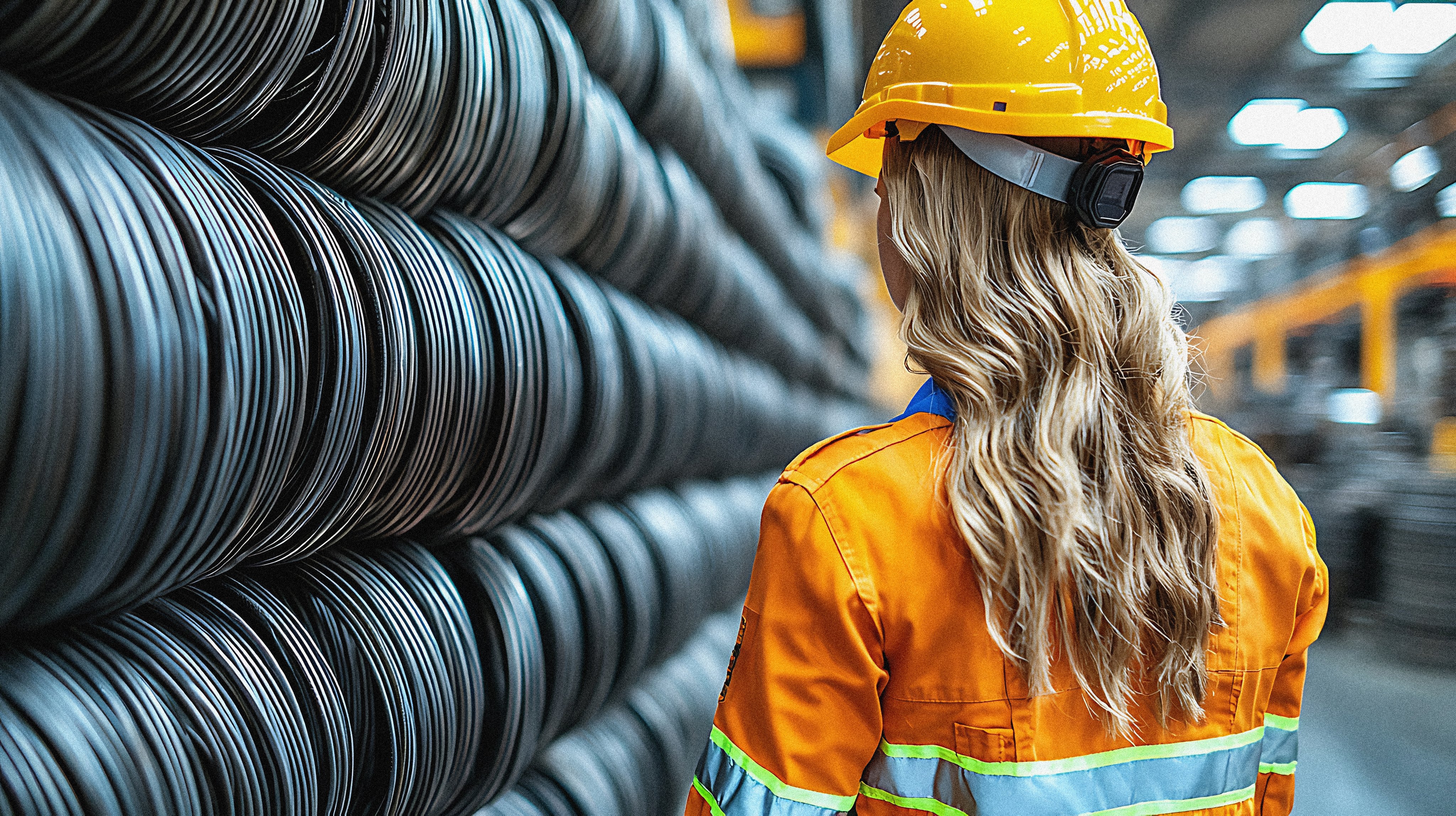 A female worker in protective gear observes a warehouse with industrial metal rod storage.