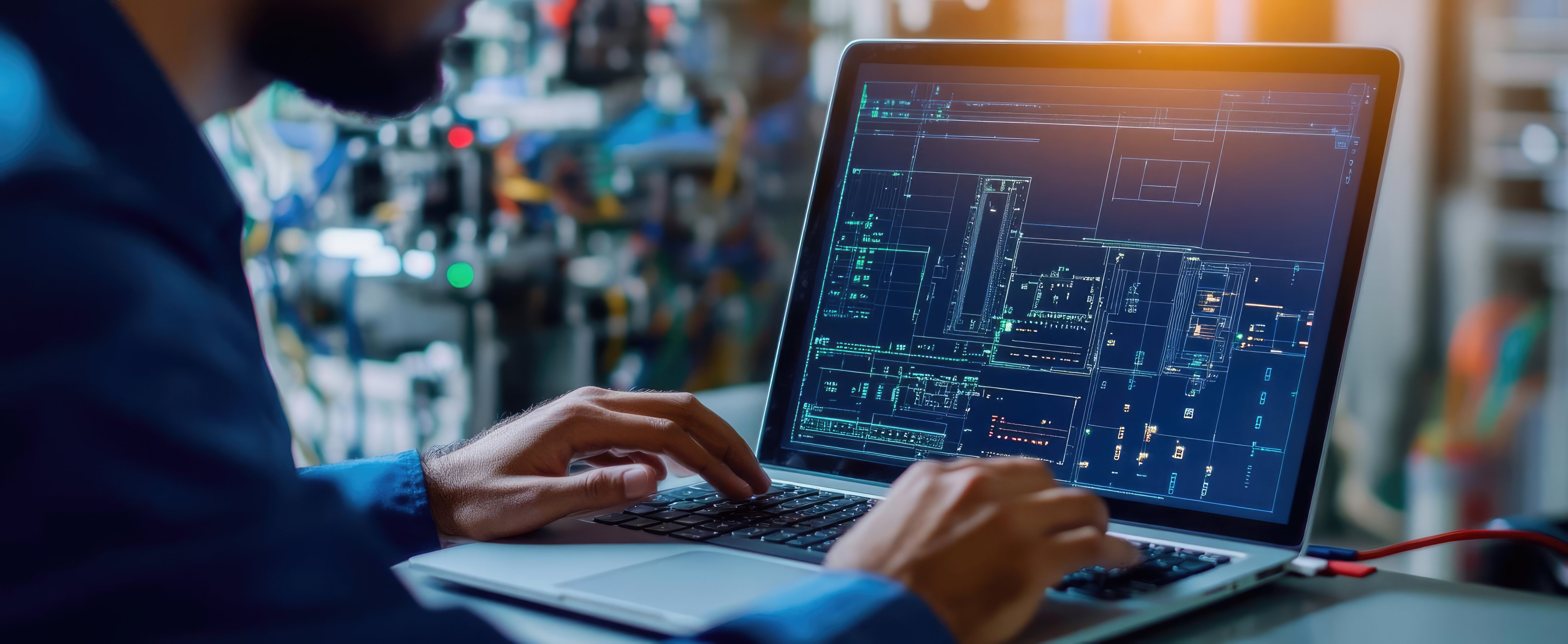 electrical engineer using laptop for design (close up, focus on, copy space) vibrant screen and interface, double exposure silhouette with CAD
