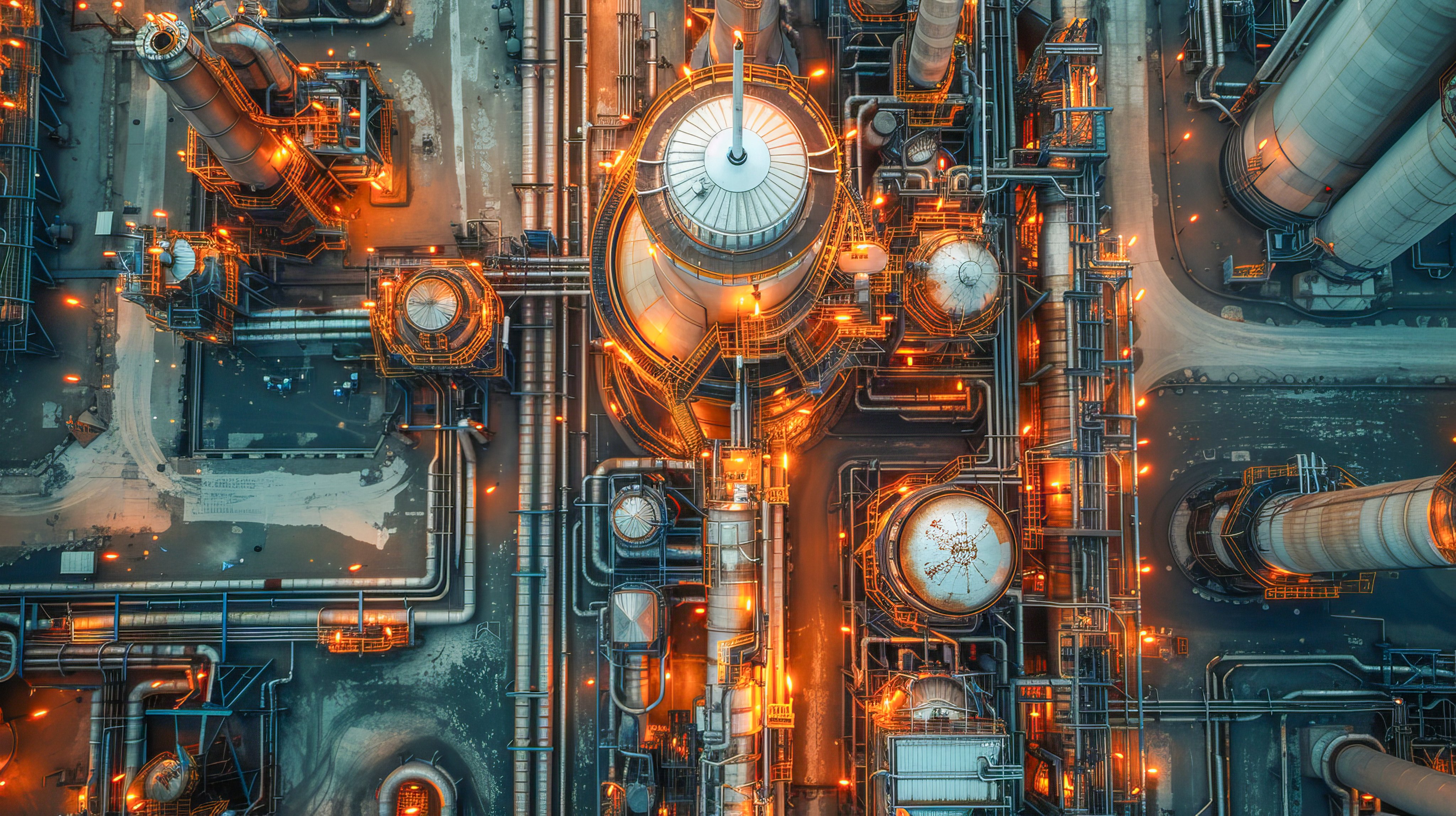 Aerial view of an oil refinery processing petrochemical products at twilight