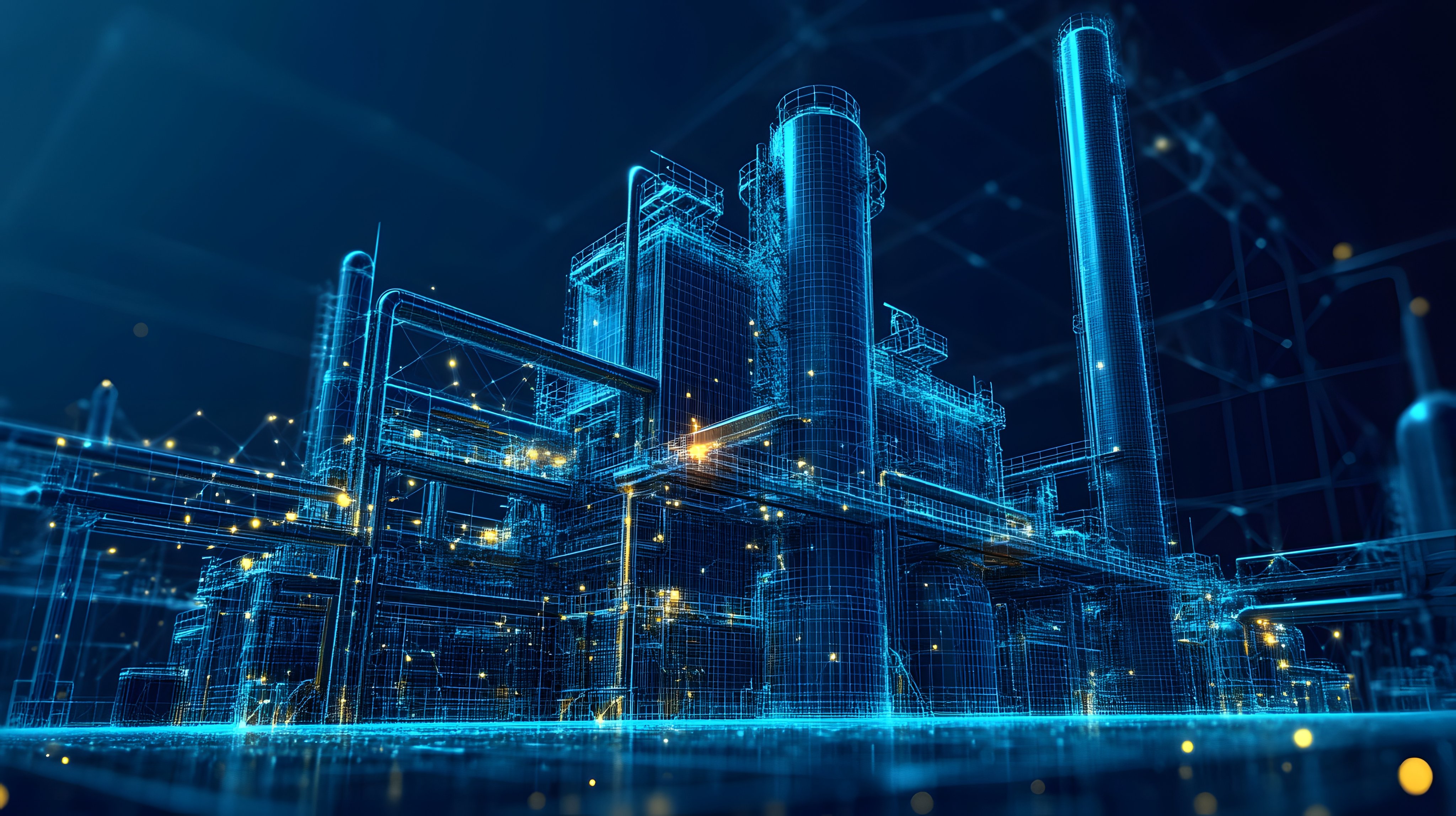 Futuristic industrial plant wireframe visualization. Blue toned rendering with yellow data points highlights refinery elements. Ideal for tech, energy, or industrial design. Abstract dark blue wireframe