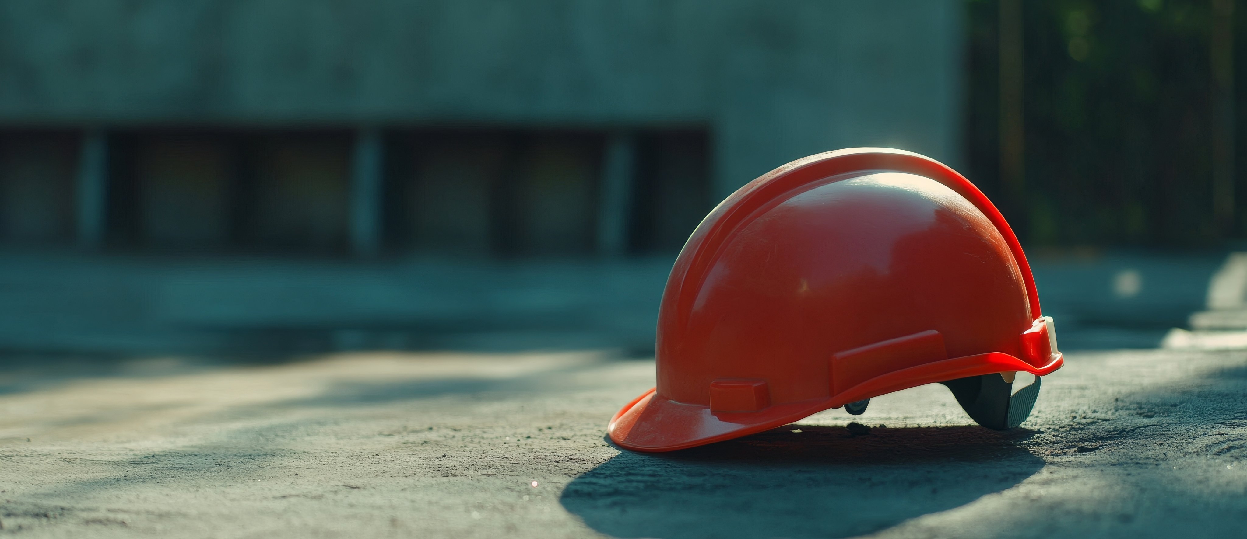 Construction site safety equipment with red hardhats and copyspace for text