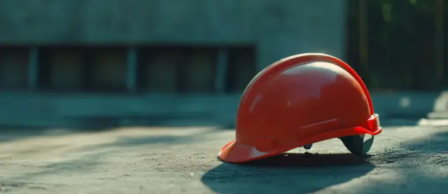 Construction site safety equipment with red hardhats and copyspace for text