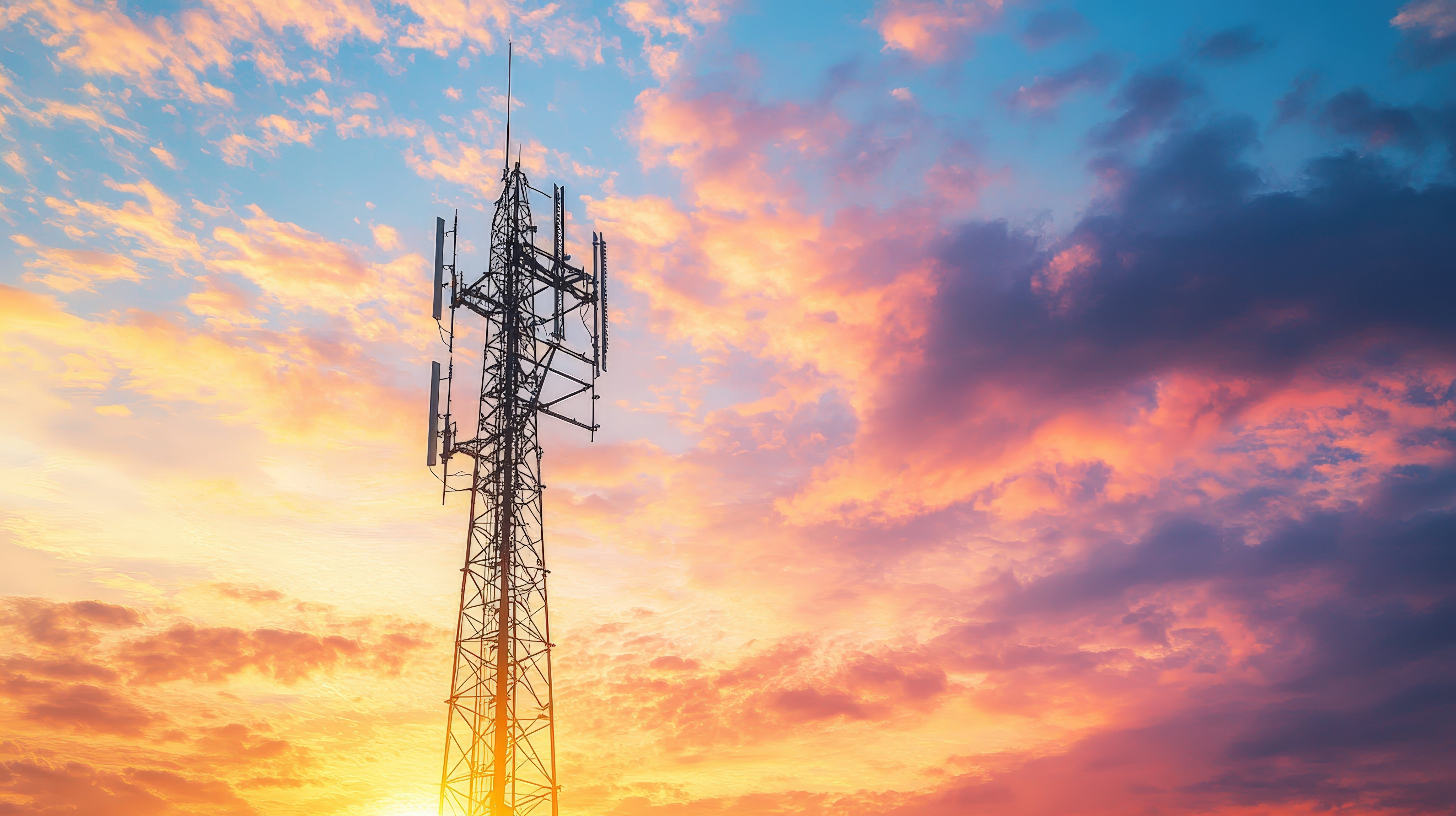29092212 100 A striking silhouette of an abstract telecommunication tower with antennas and a satellite dish, set against a breathtaking sunset sky, capturing the essence of technology and connectivity, ultra-realistic details highlighting the structures unique design, vibrant sunset colours creating a dramatic backdrop, dynamic composition emphasizing the towers height and form, vivid colours representing the transition from day to night, ample copy space available for telecommunications branding or promotional content, no additional elements included to maintain focus on the tower and sky --ar 16:9 --v 6.1 Job ID: a5edb5df-bcba-4860-9a58-81ae9684297e