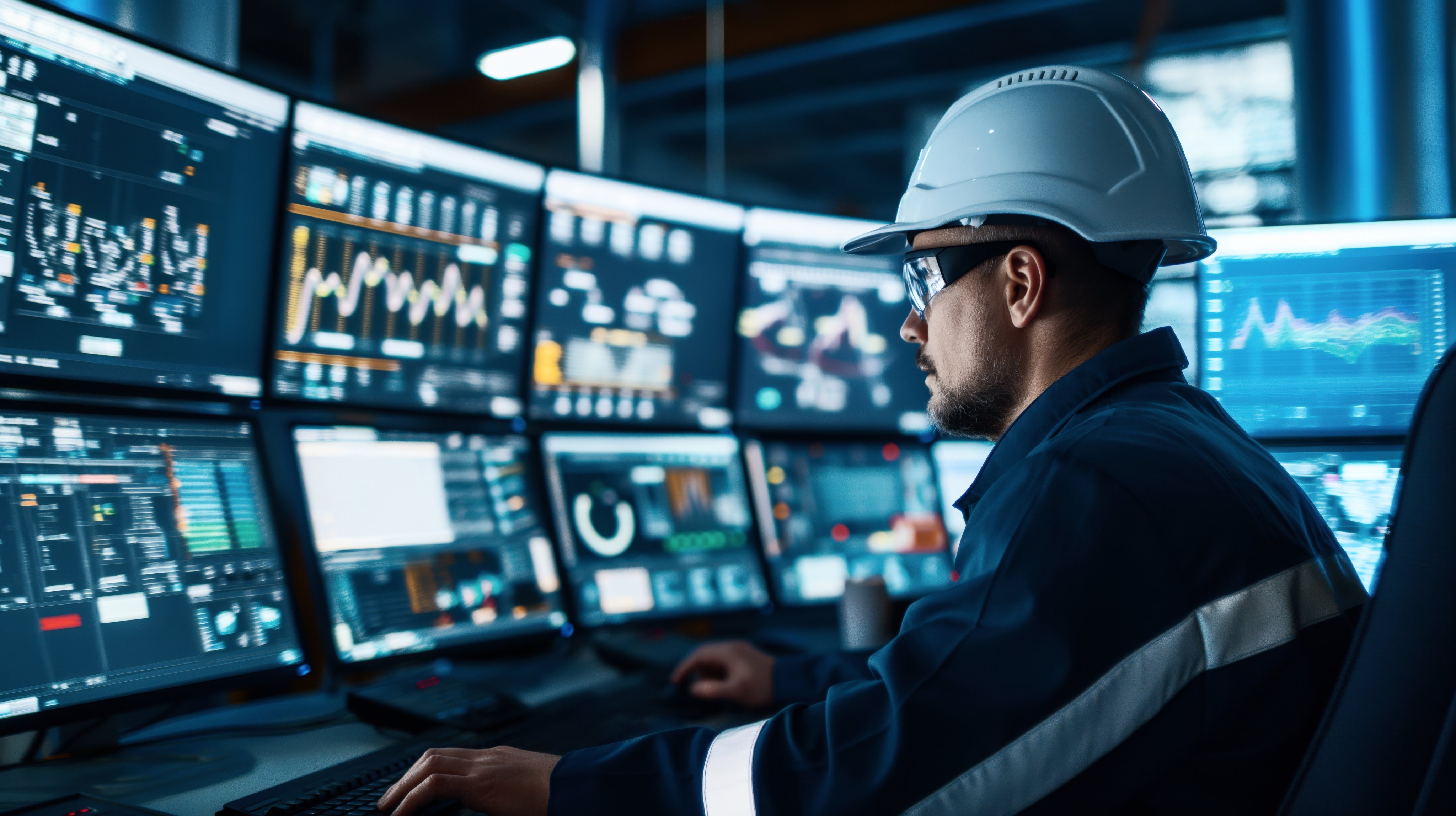 Worker in hard hat and safety glasses operating multiple computer screens in a control room with various data and monitoring systems.