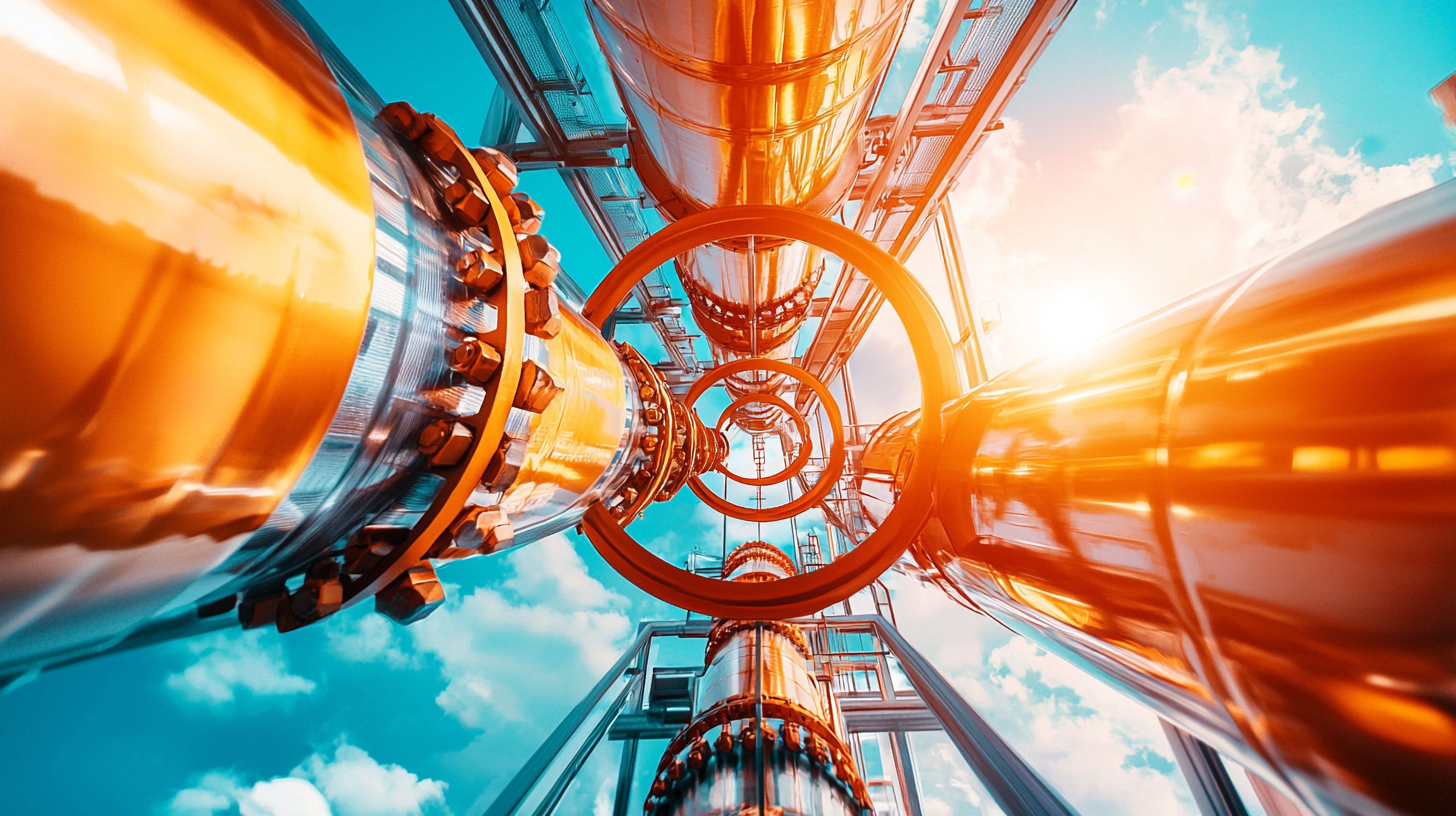 Low angle view of an industrial pipeline network against a vibrant blue sky. Sunlight illuminates the metallic structures, creating warm, orange hues. The image conveys a sense of industrial strength and technological advancement.