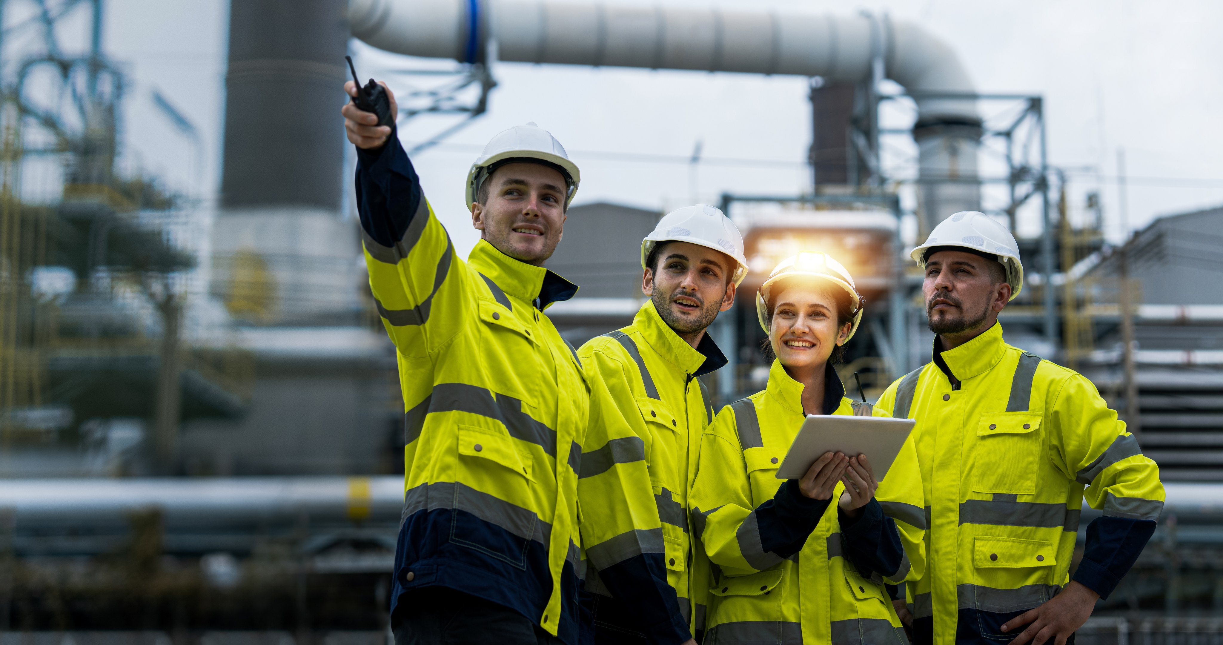 Male and female industrial engineers wearing hard hats talk to collaborate on new project. Team of engineers inspecting gas separation plant using tablets.