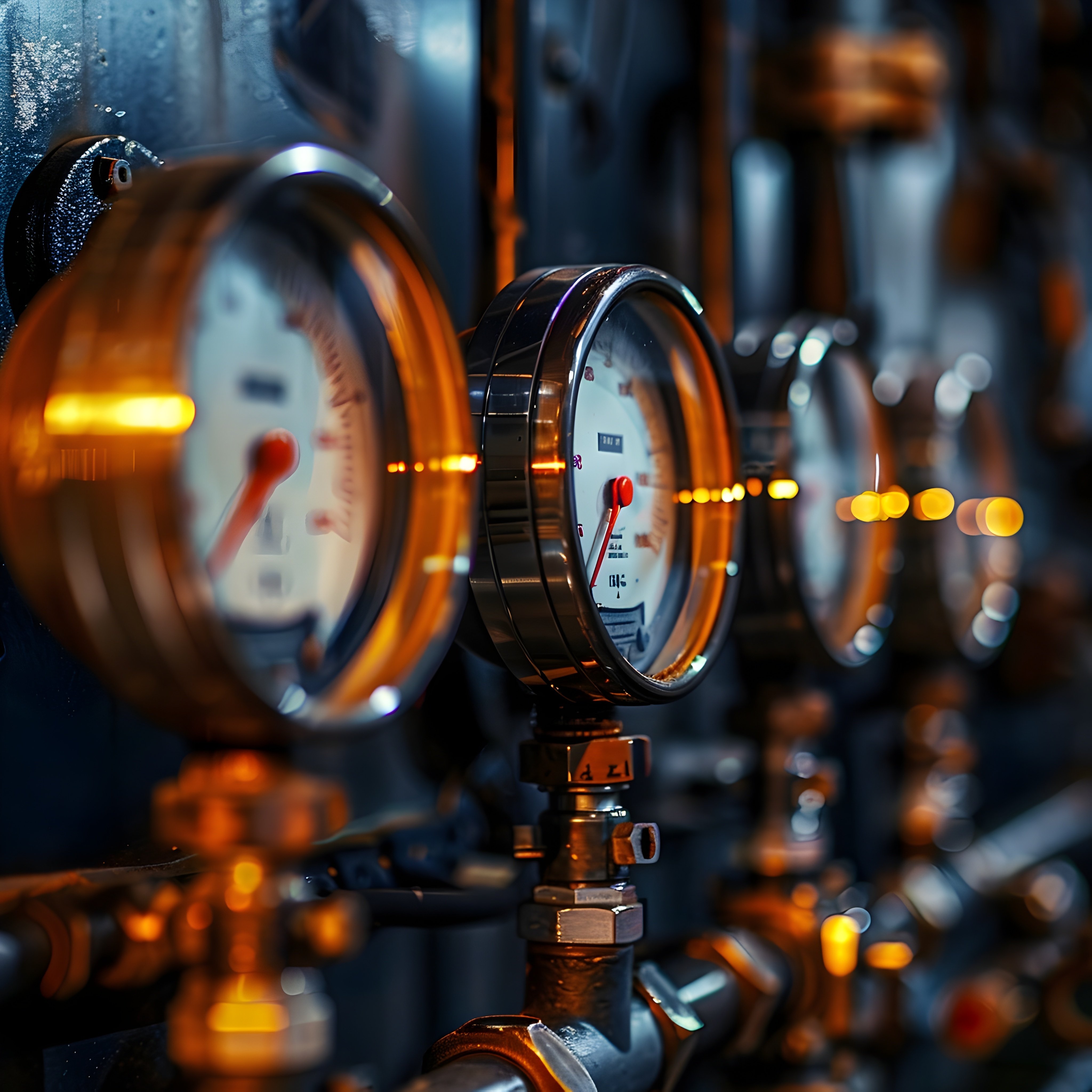 Close up view of an array of industrial gauges and control panels showcasing the precision and technological monitoring systems used in modern manufacturing and production facilities 