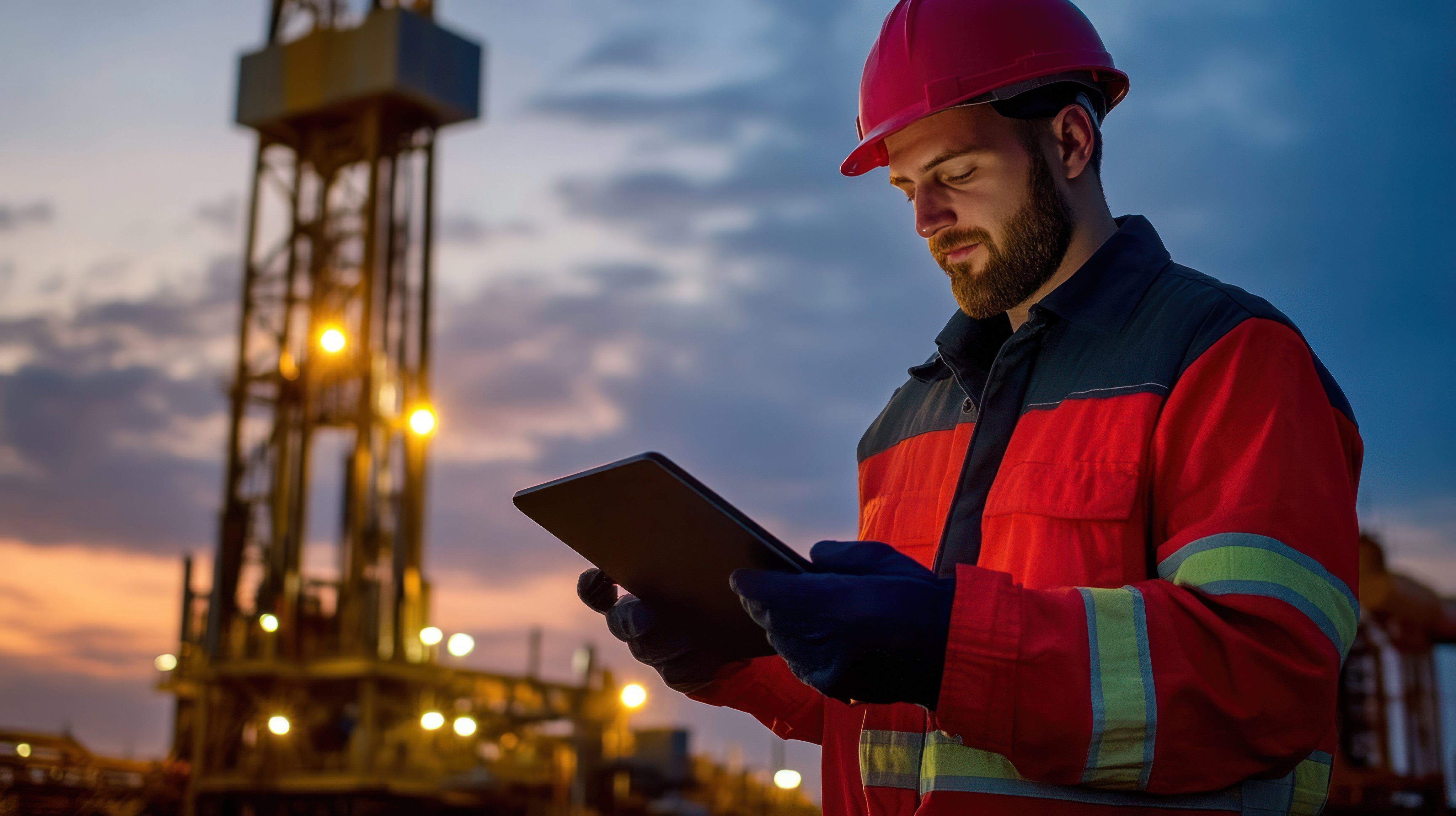 A drilling rig operator monitoring well depth and drill speed on a digital tablet, managing an automated rig for oil and gas exploration