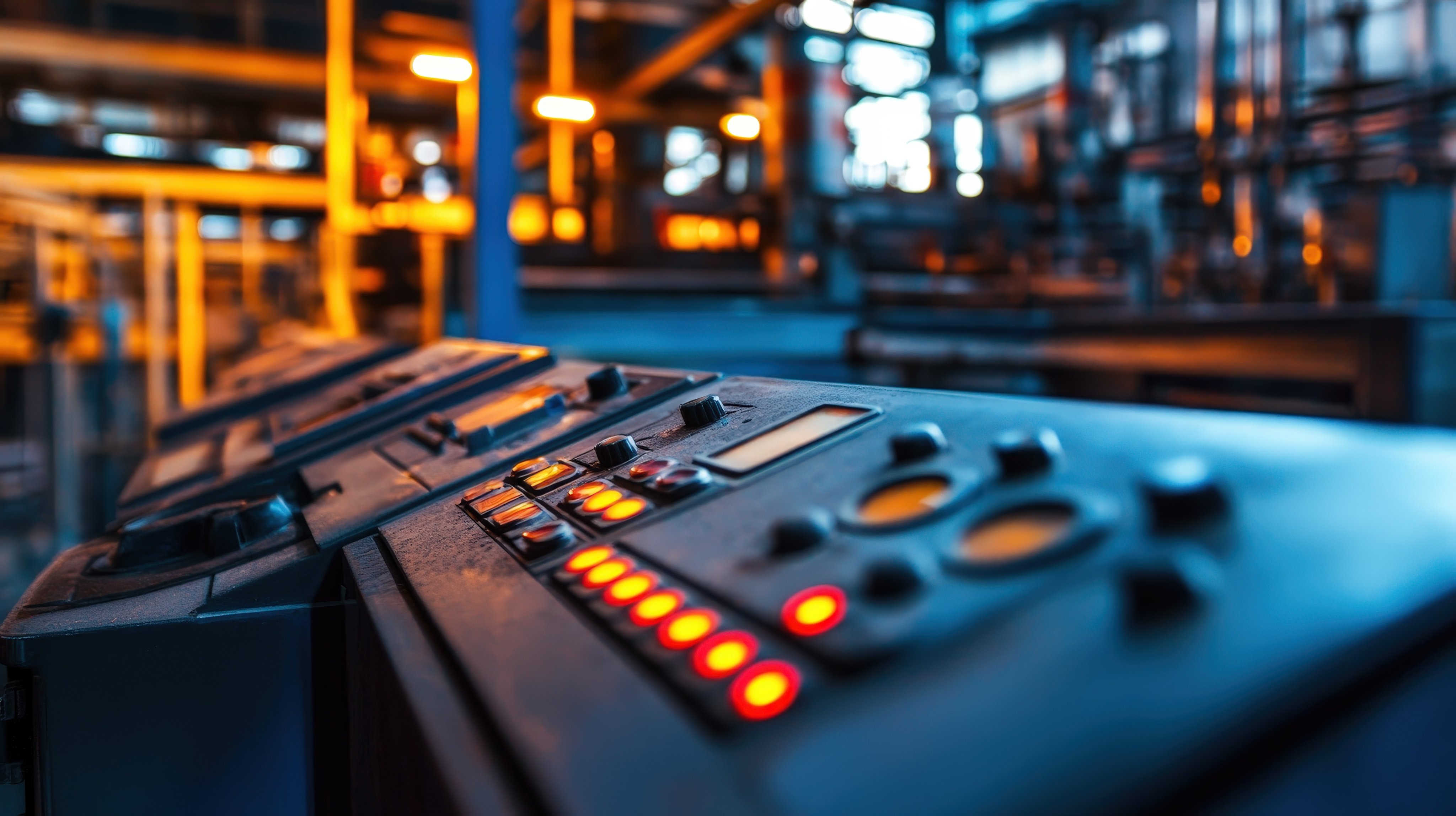 A control panel with blinking lights and buttons in a factory, representing industrial operation.