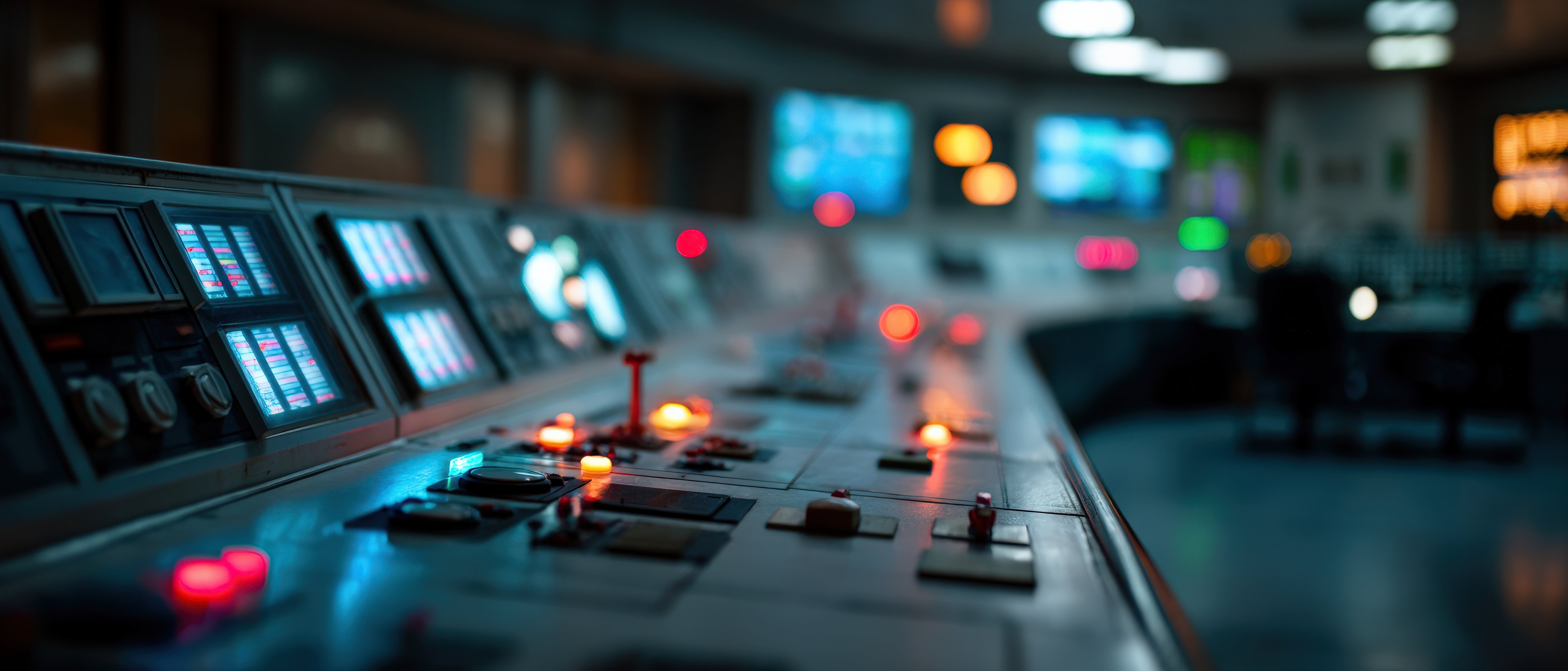 Interior view of a control panel in a power plant control room with glowing lights and monitors, showcasing industrial technology and energy infrastructure