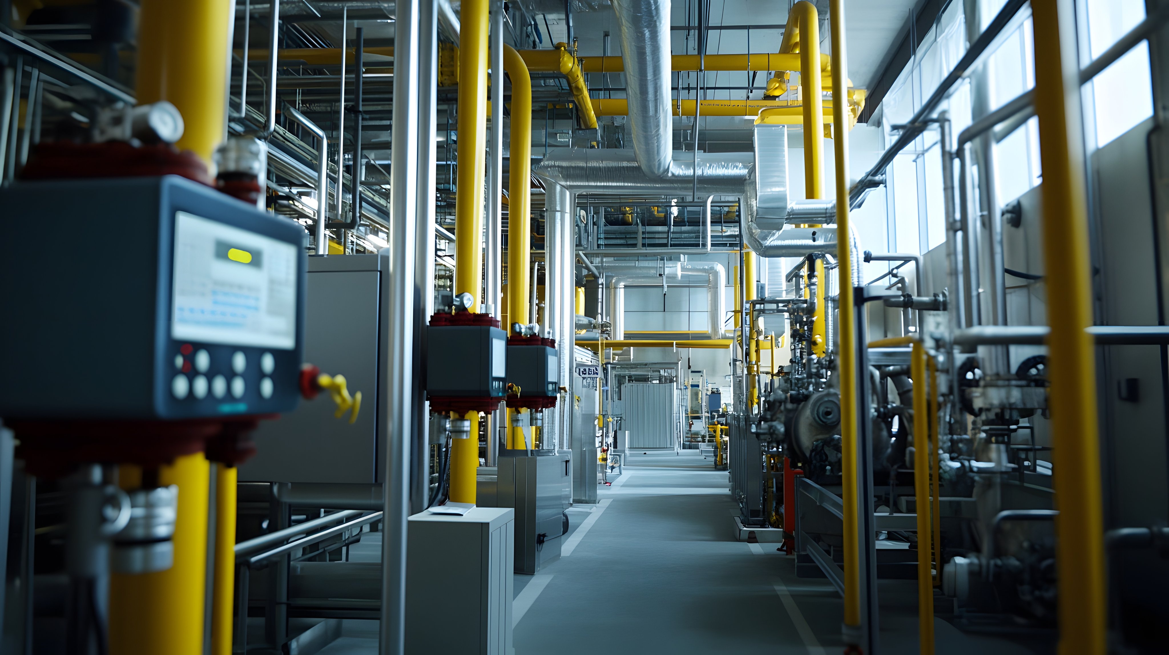 A modern industrial facility showcasing advanced machinery and piping systems. Bright yellow pipes and equipment highlight the innovative technology used in today's manufacturing processes.