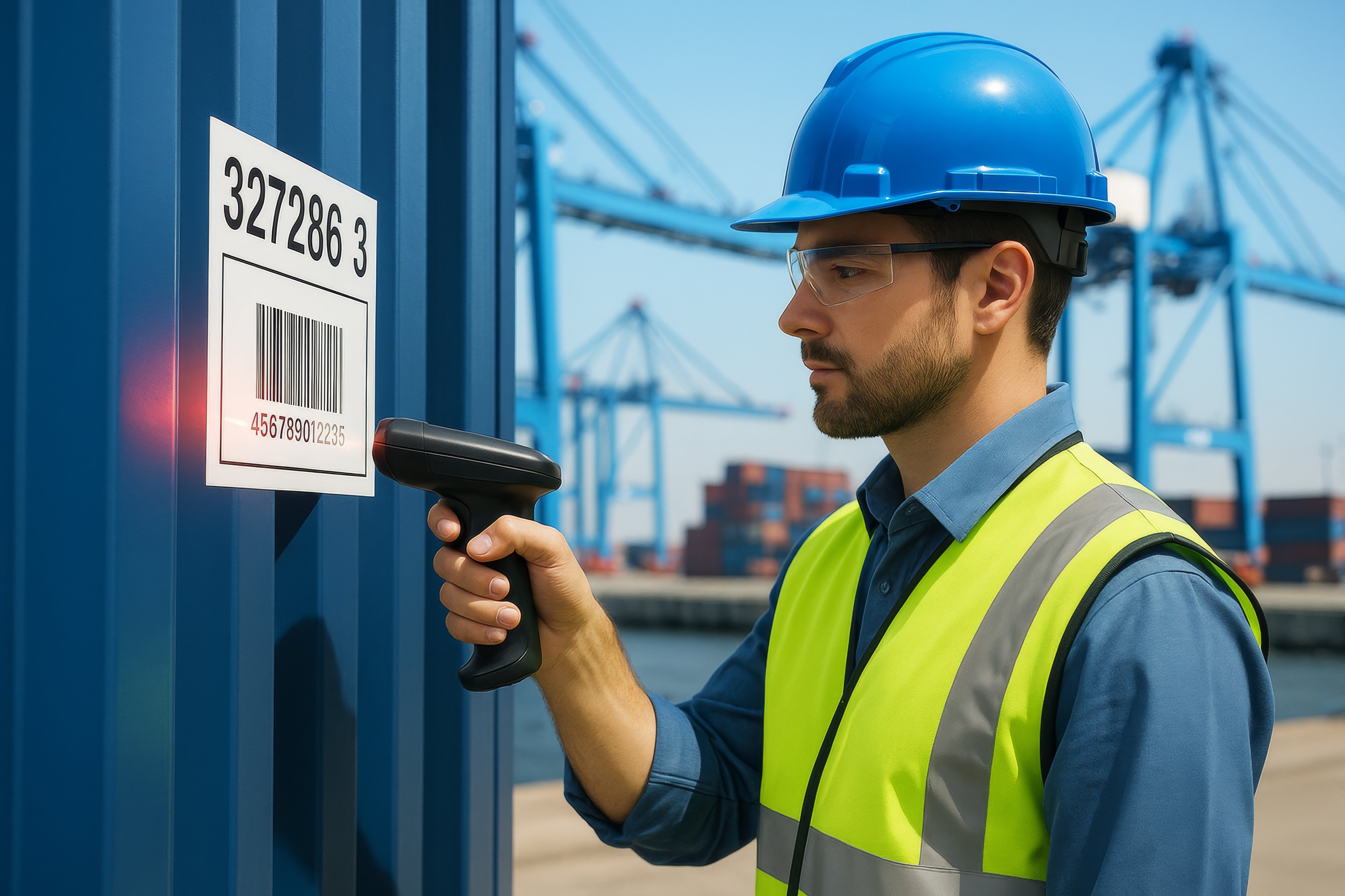 Man in safety vest and helmet scanning barcode on cargo container with handheld device at port, industrial background, concept of logistics. Ai generative