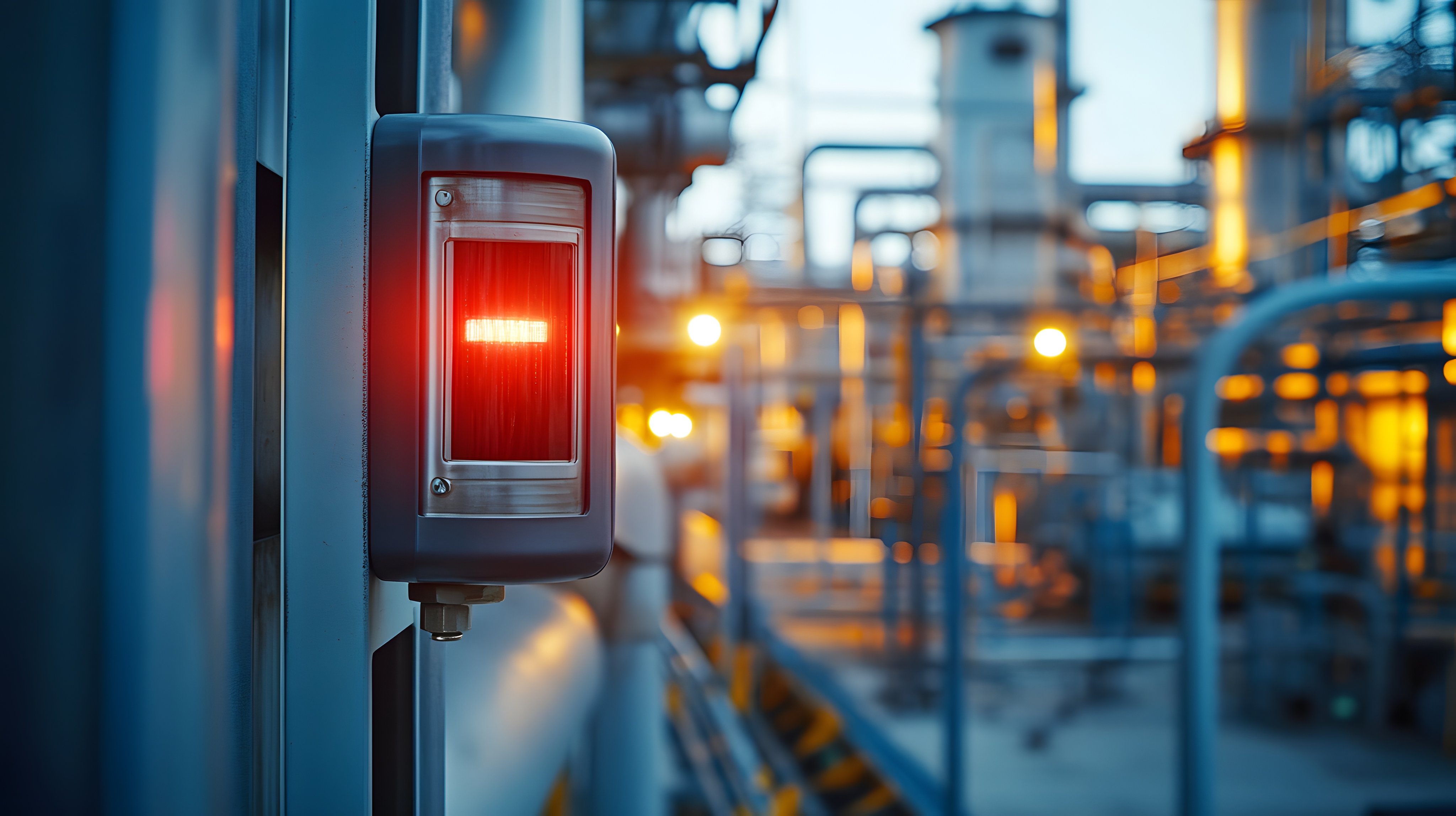 A vibrant industrial scene showcasing illuminated pipes and equipment with a prominent red indicator light, highlighting the complexities of modern technology in a factory setting.