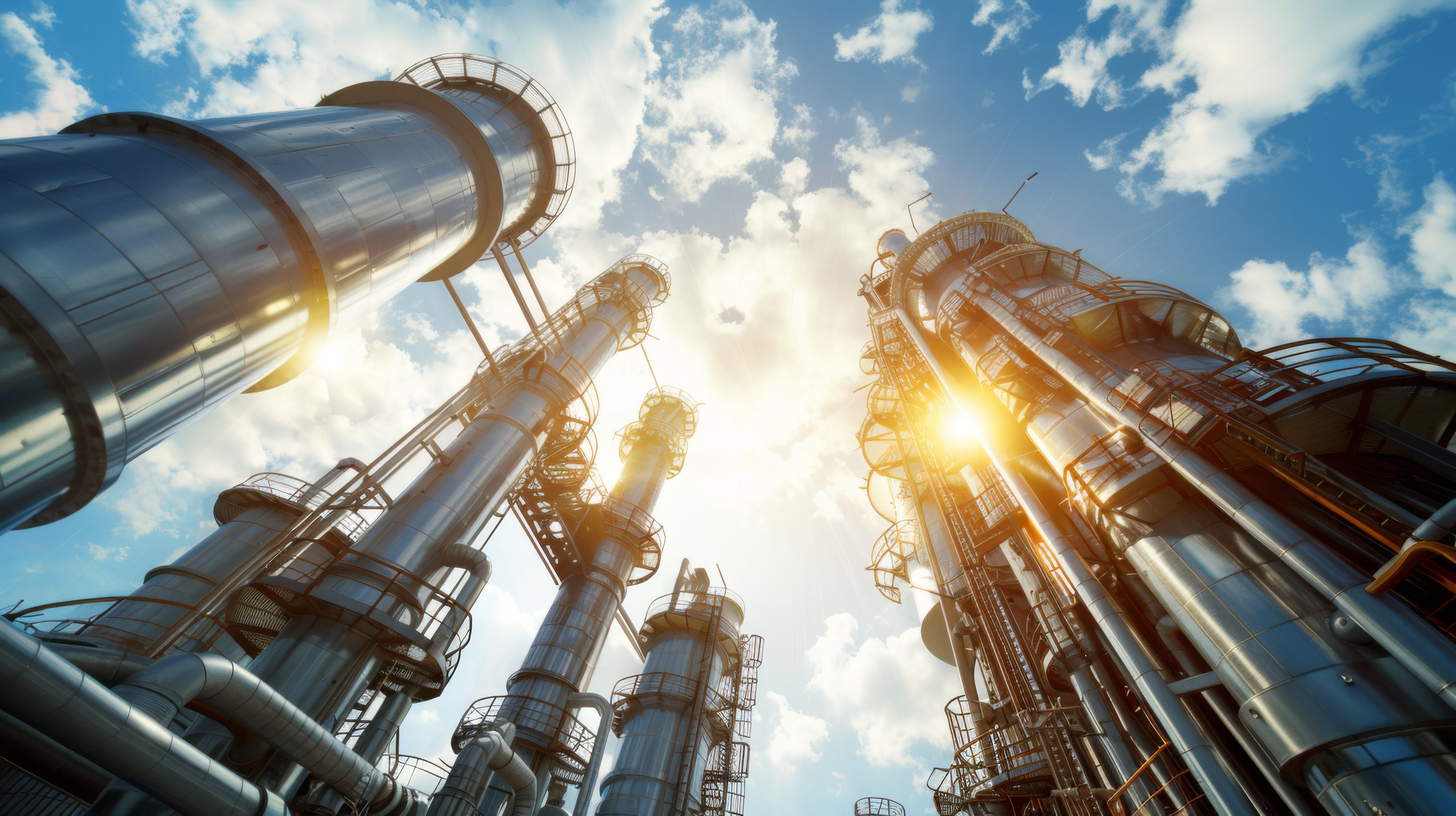 view from the ground up of towering silver industrial distillation columns at a petrochemical plant with a sunlit blue sky in the background.