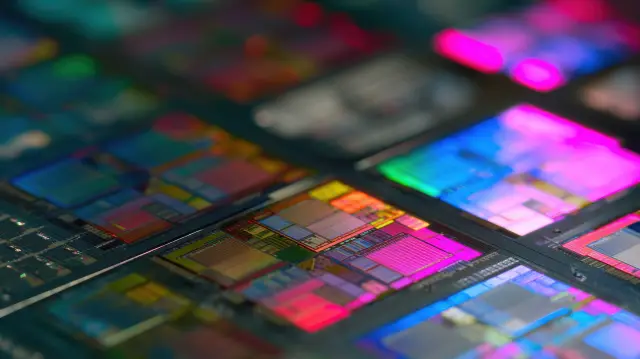 Macro shot of silicon wafer in semiconductor production at advanced foundry, silicon wafer, microchips --ar 16:9 --v 7 Job ID: a5941aad-e255-4ecb-8f74-33aaaa690787