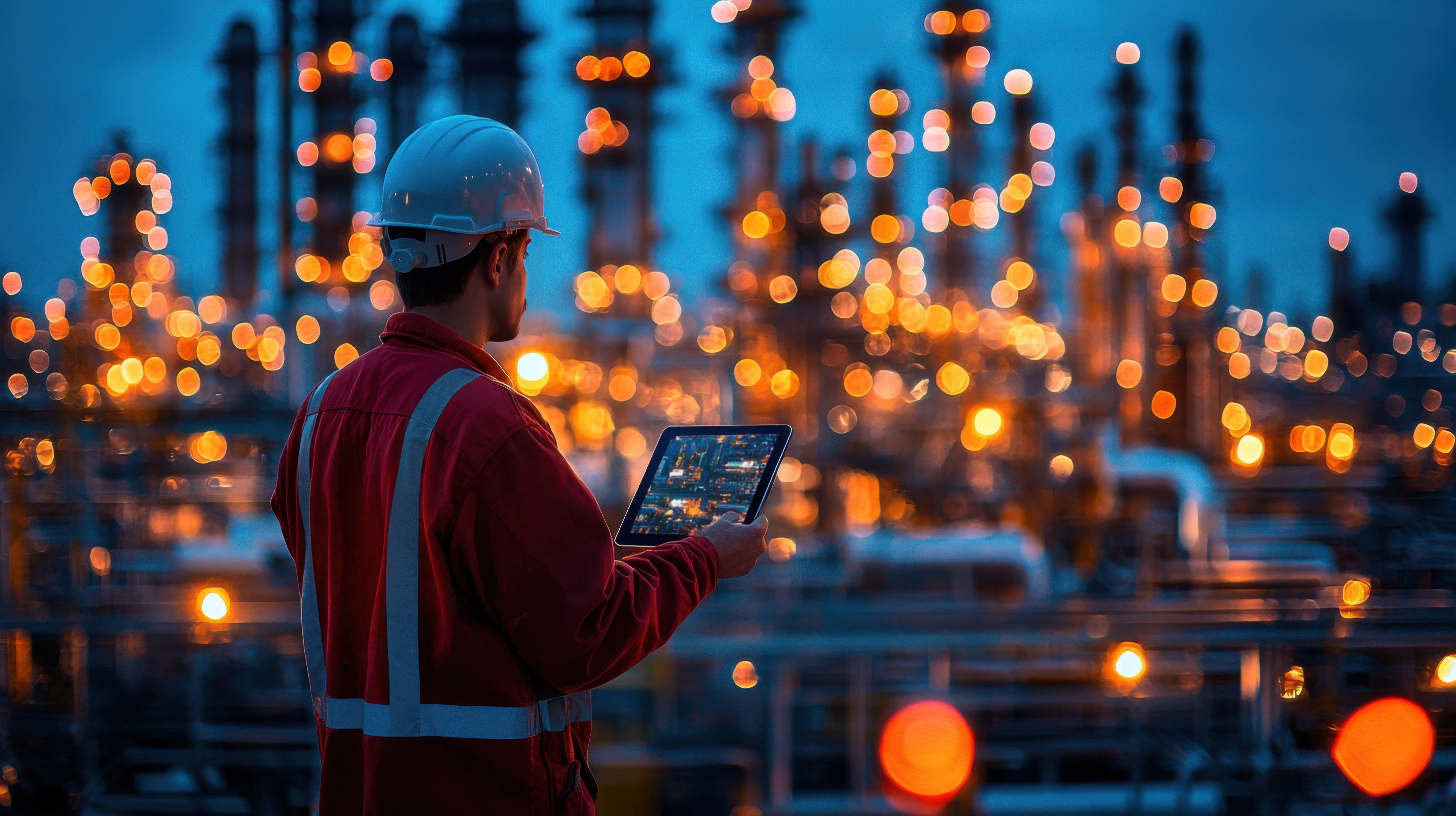 A man in a red jacket is looking at a tablet while standing in front of a large industrial plant. Concept of technological advancement and the importance of modern technology in the industrial sector.