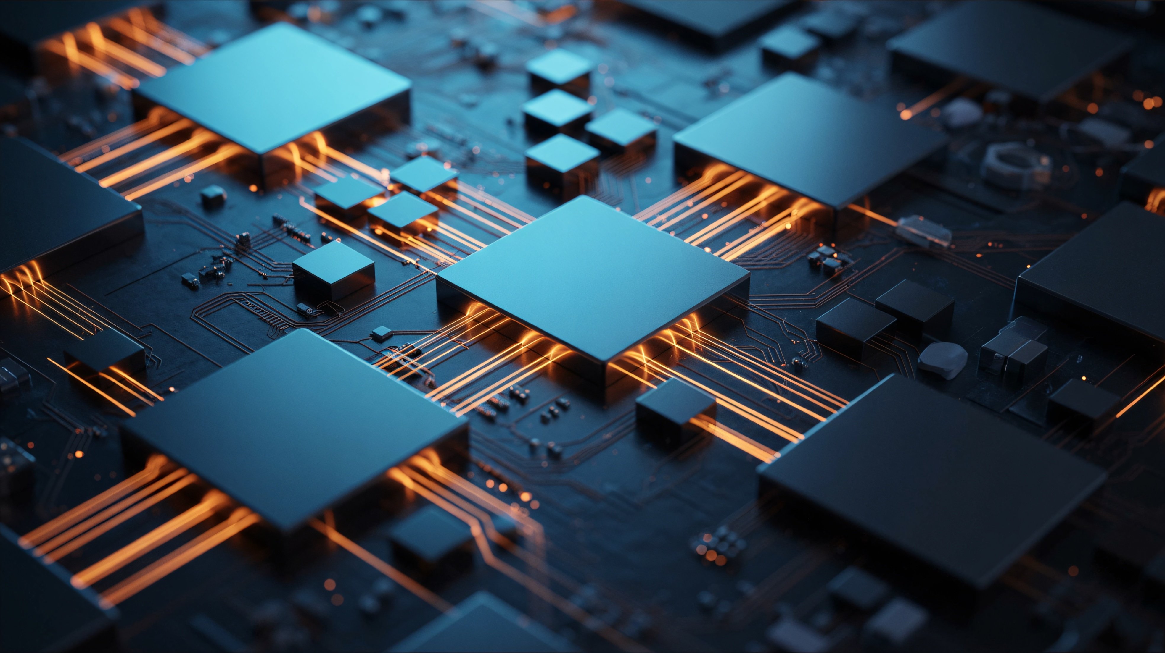 Abstract close-up of interconnected circuit board with glowing lines, showcasing technology and innovation.