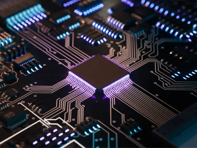 Close-up of a high-tech computer circuit board with glowing components and intricate wiring.