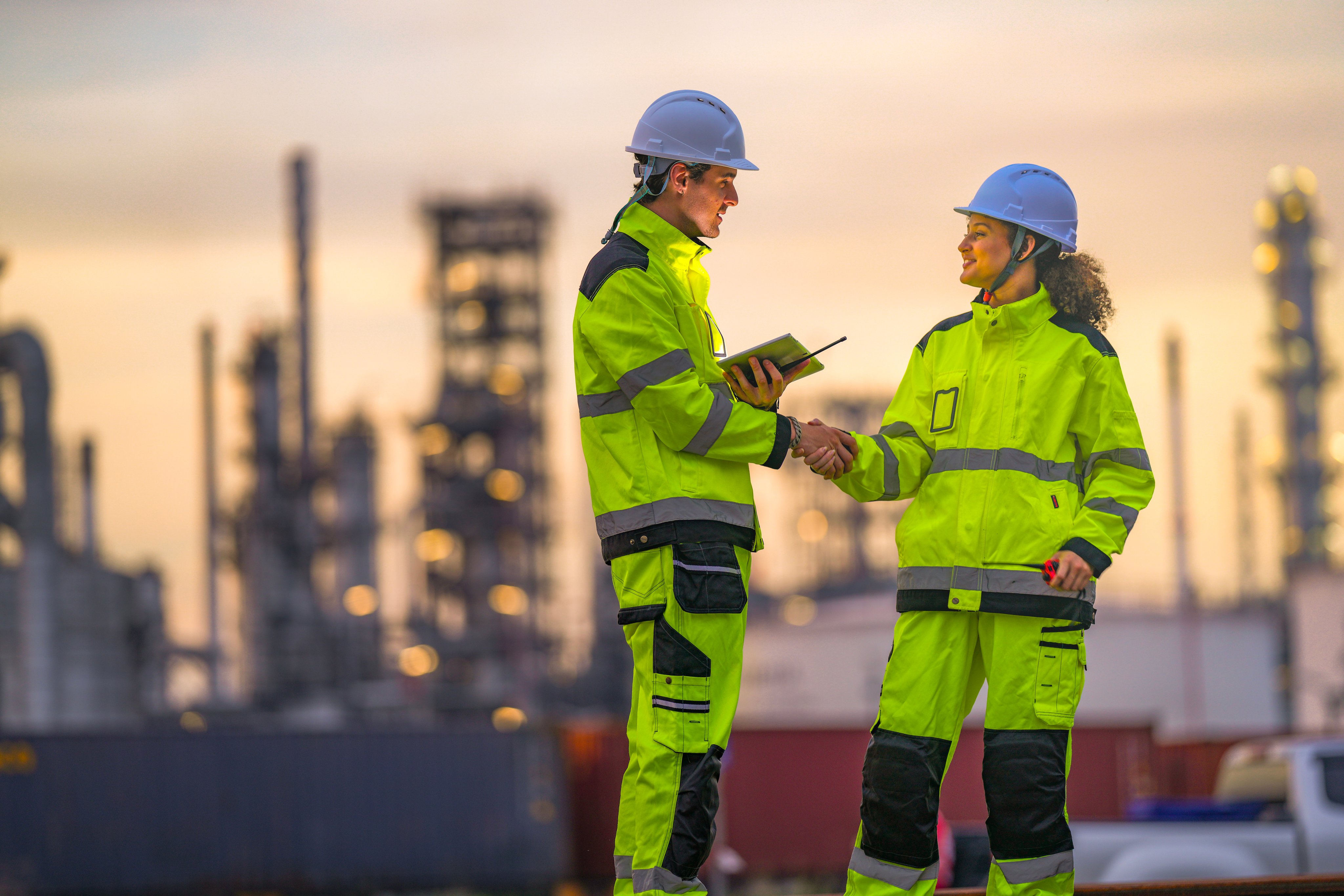 Two industrial workers in high-visibility safety uniforms discuss work plans on-site during golden hour, with a refinery or factory plant blurred in the background.