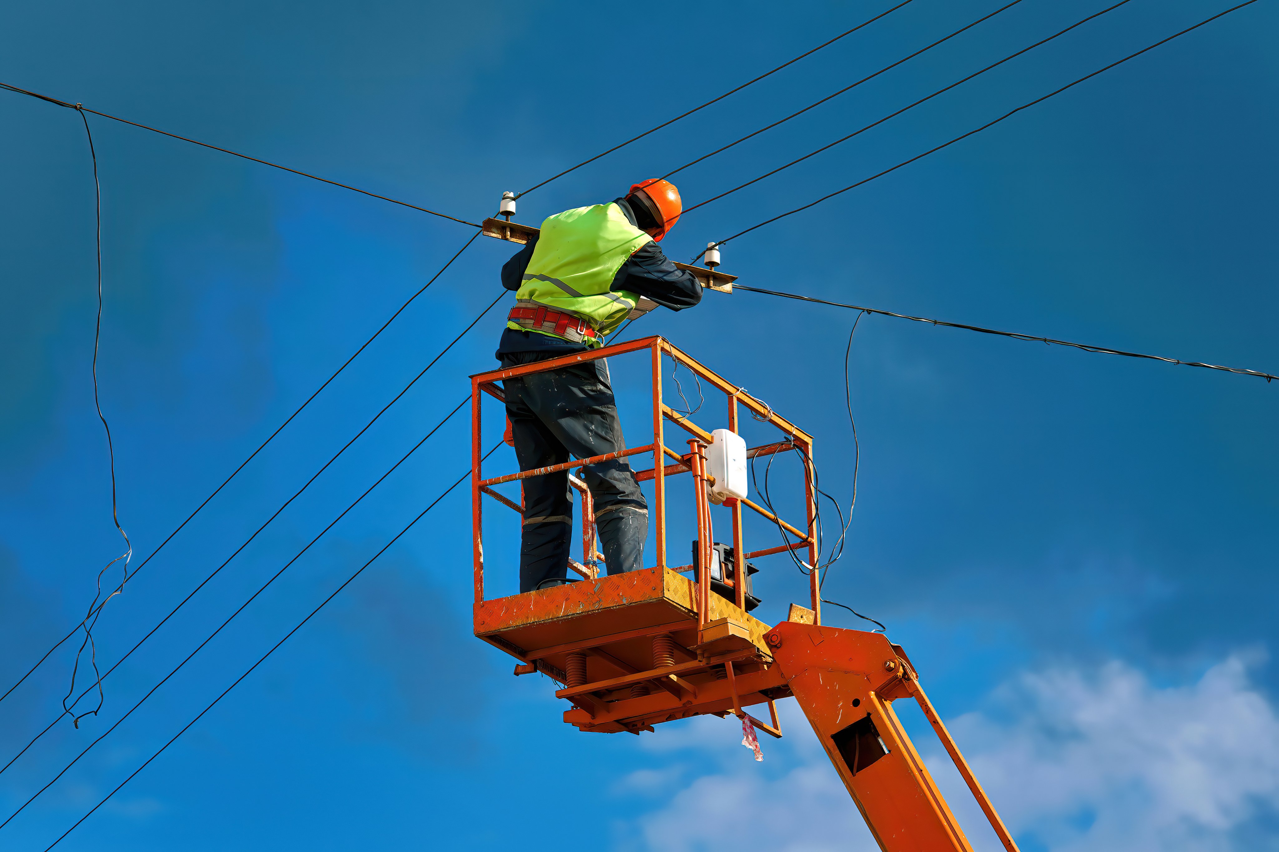 Electrician repair damaged wire. Man repair broken wire. Worker in lift bucket repairing electric wire at height. Electrician repairs broken wire, restore electrical system against blue sky