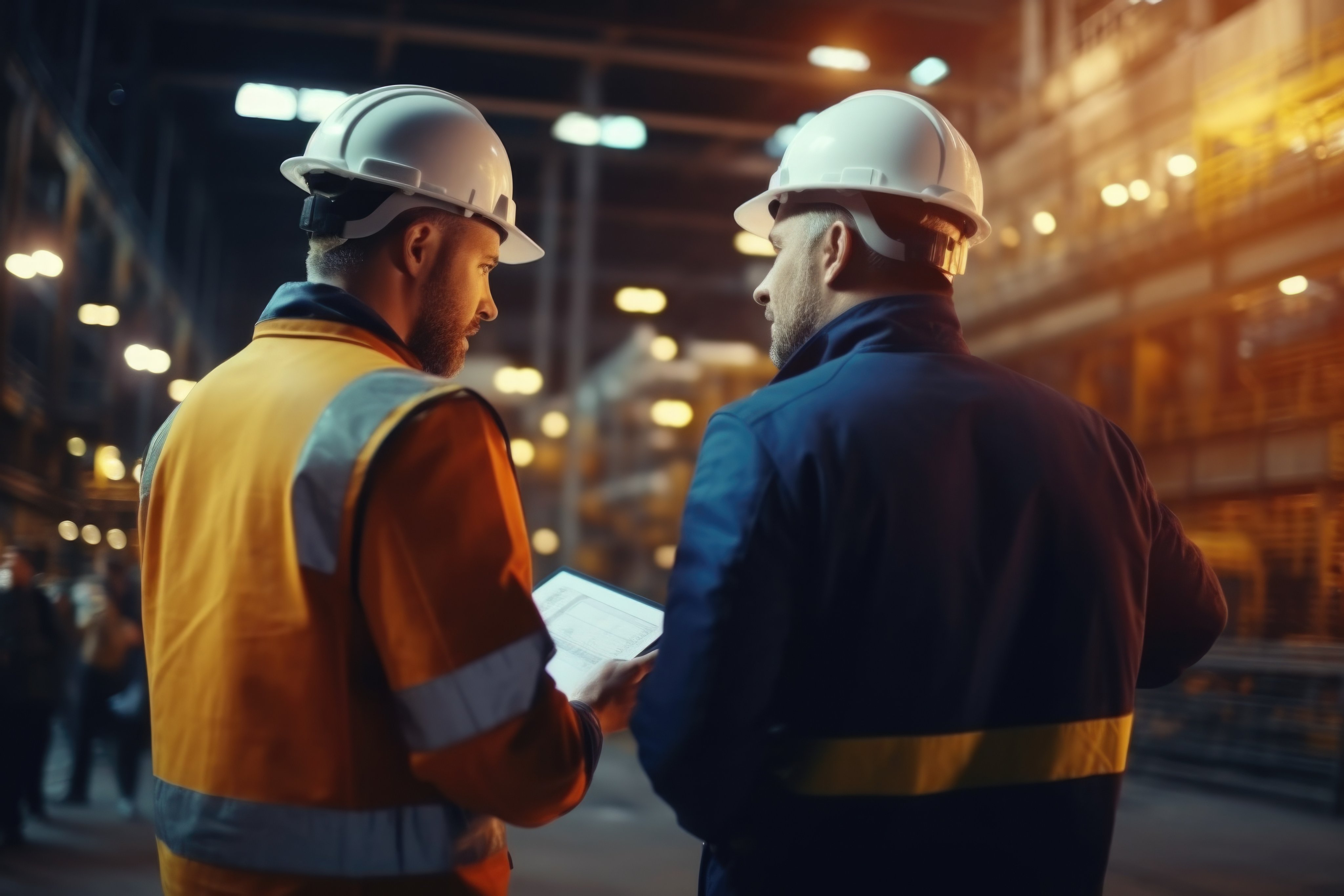Two men in hard hats standing next to each other. Suitable for construction or engineering concepts.