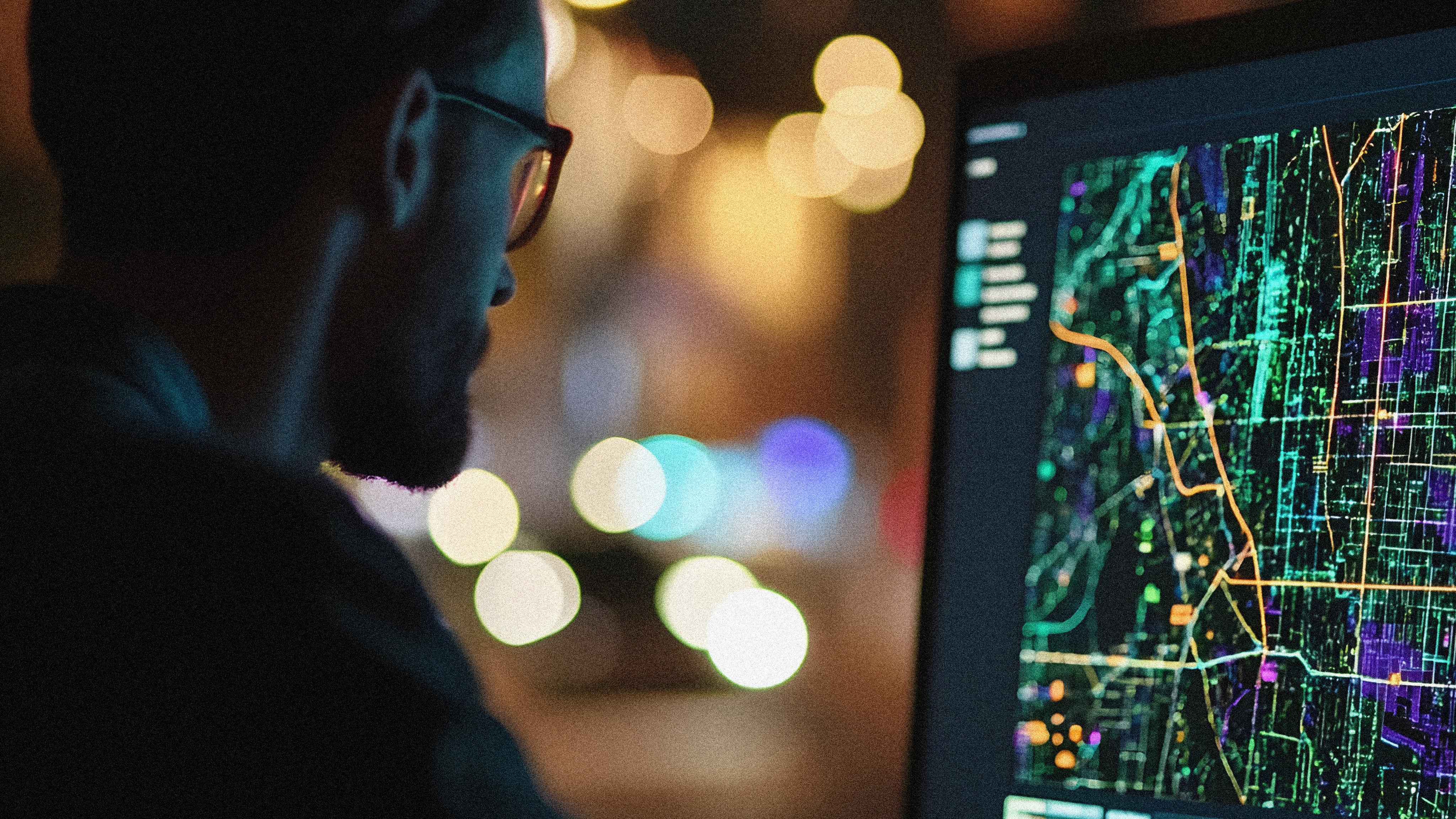 Technician Reviewing a Comprehensive Power Outage Map Displayed on a Computer Screen Analyzing the Affected Areas and Developing a Plan During an Electricity Grid Disruption 