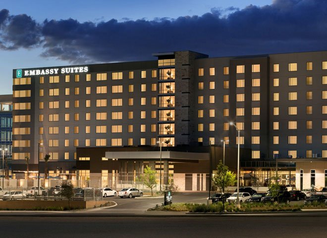 Exterior of the Embassy Suites Hilton Landmark hotel in San Antonio, Texas